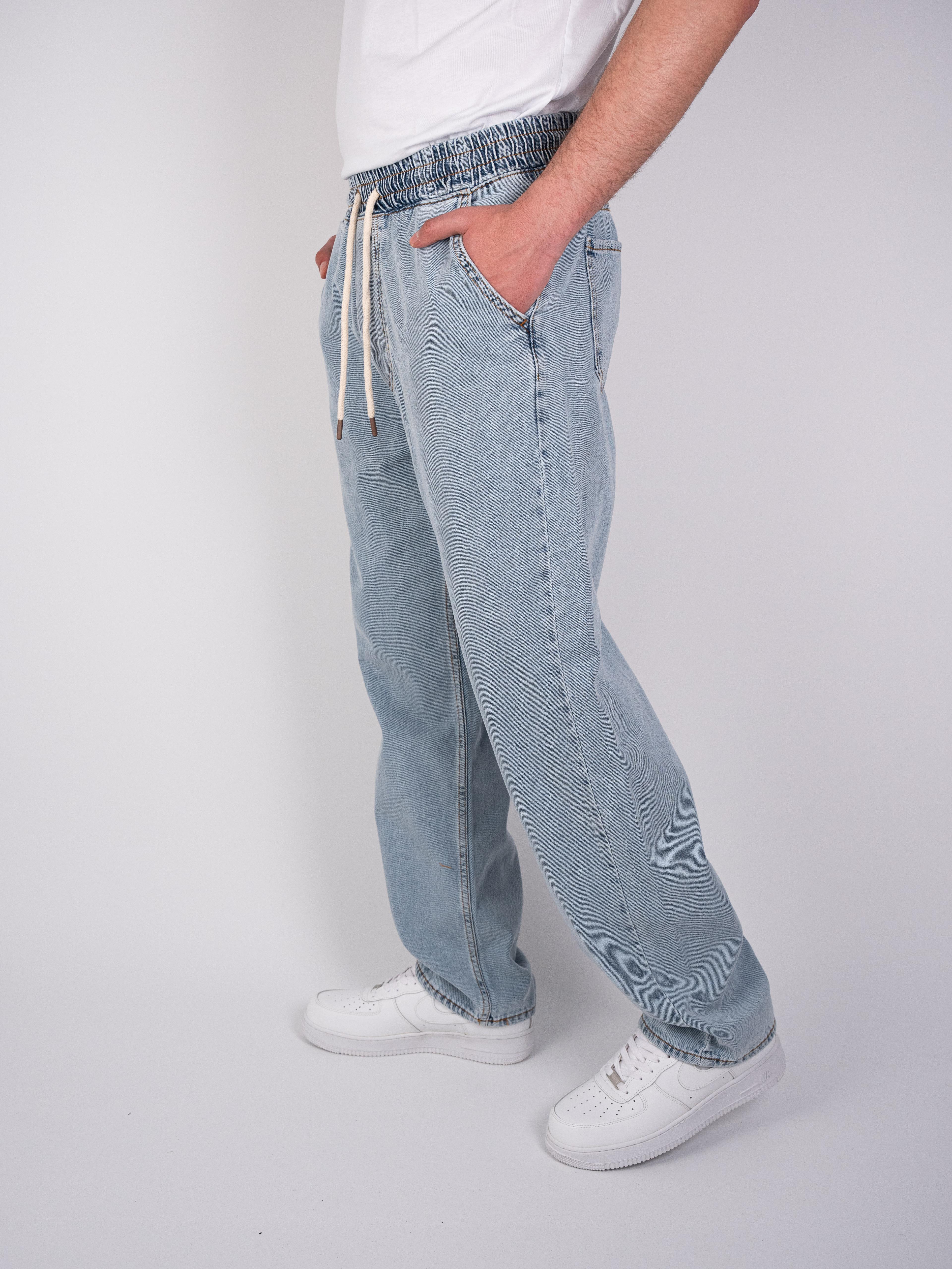 Buz Mavisi Beli Lastikli Baggy Jeans