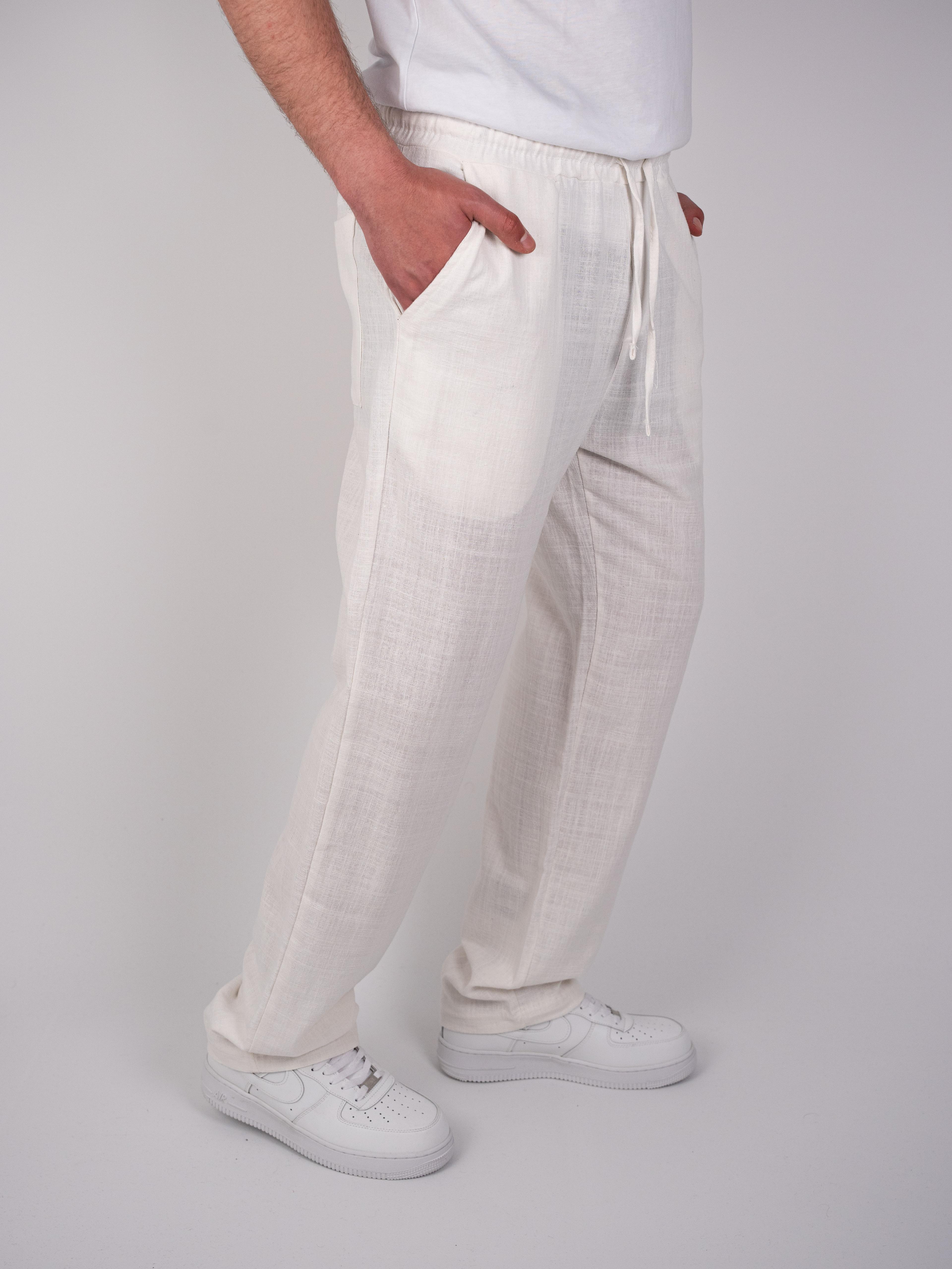 Flanlı Baggy Beyaz Pantolon