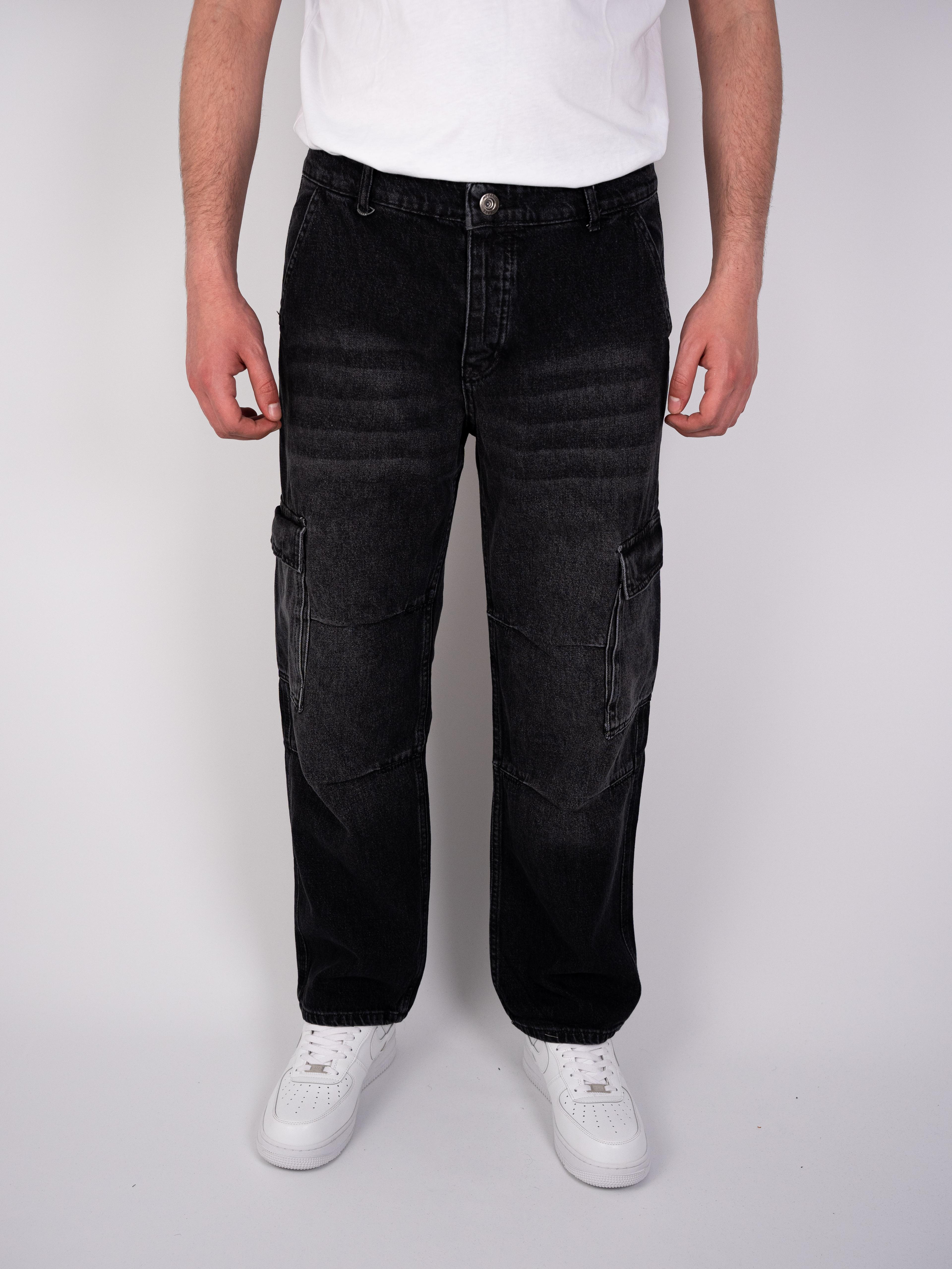 Kargo Cep Baggy Yıkamalı Siyah Kot Pantolon