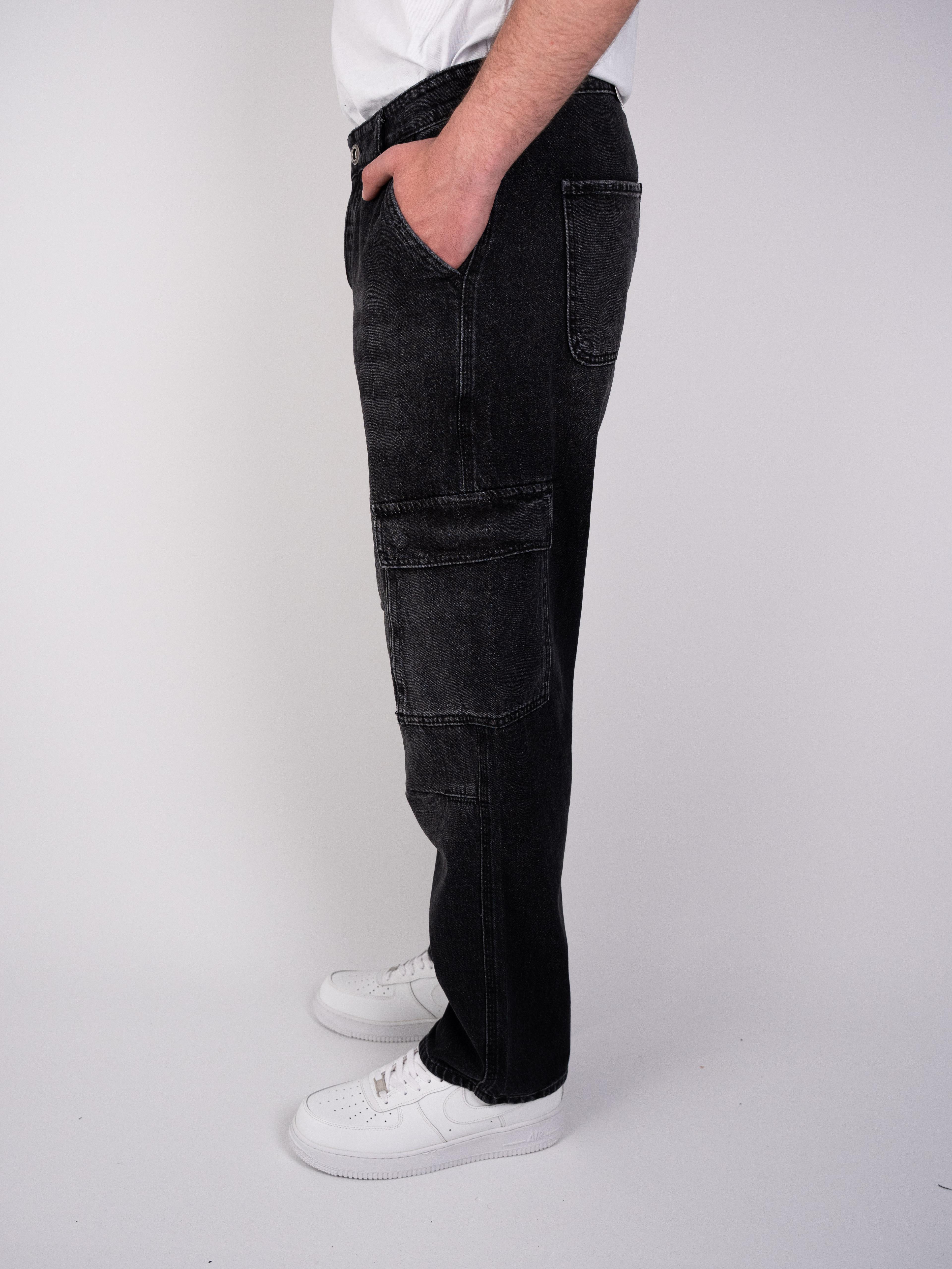 Kargo Cep Baggy Yıkamalı Siyah Kot Pantolon