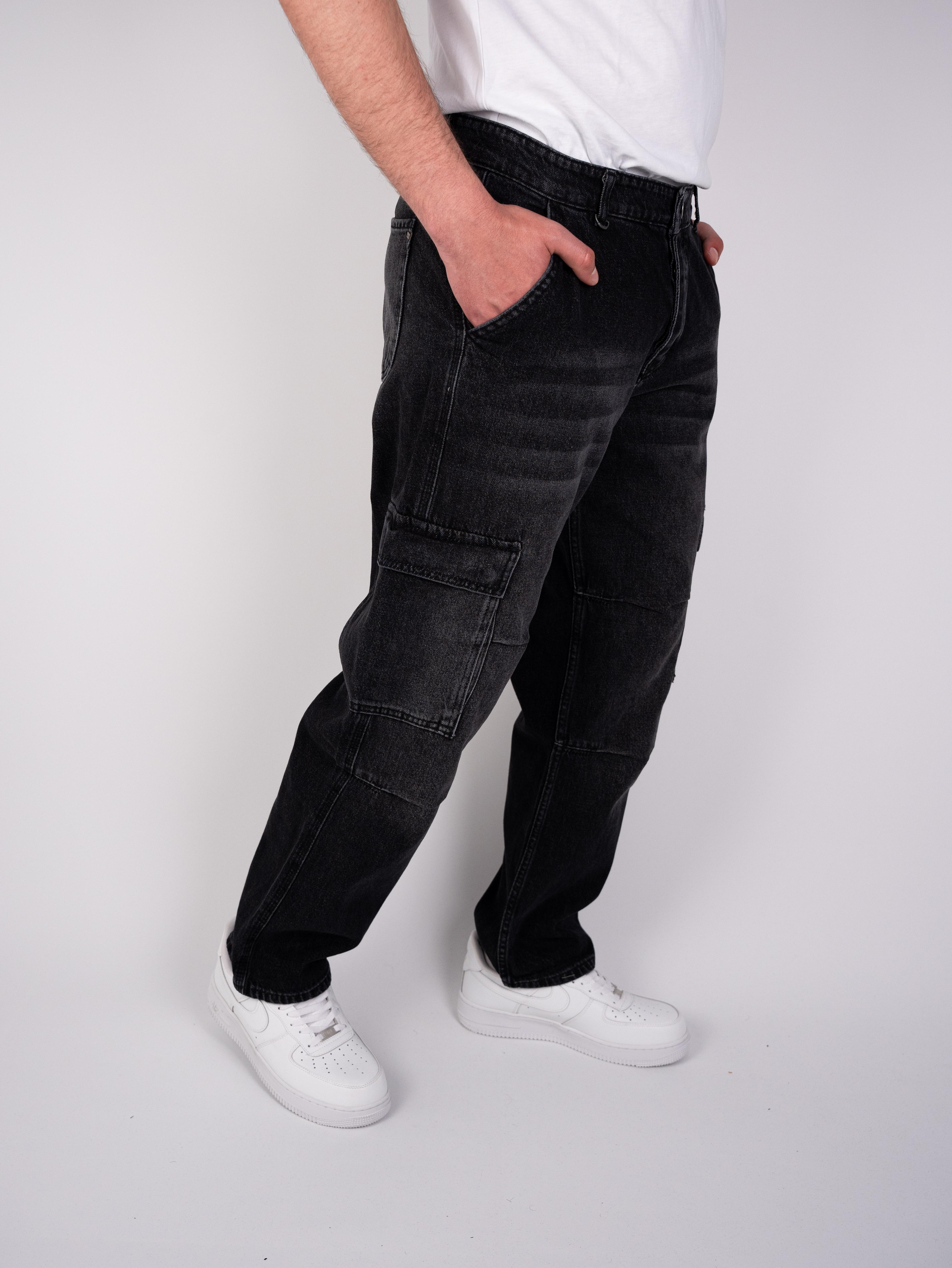 Kargo Cep Baggy Yıkamalı Siyah Kot Pantolon