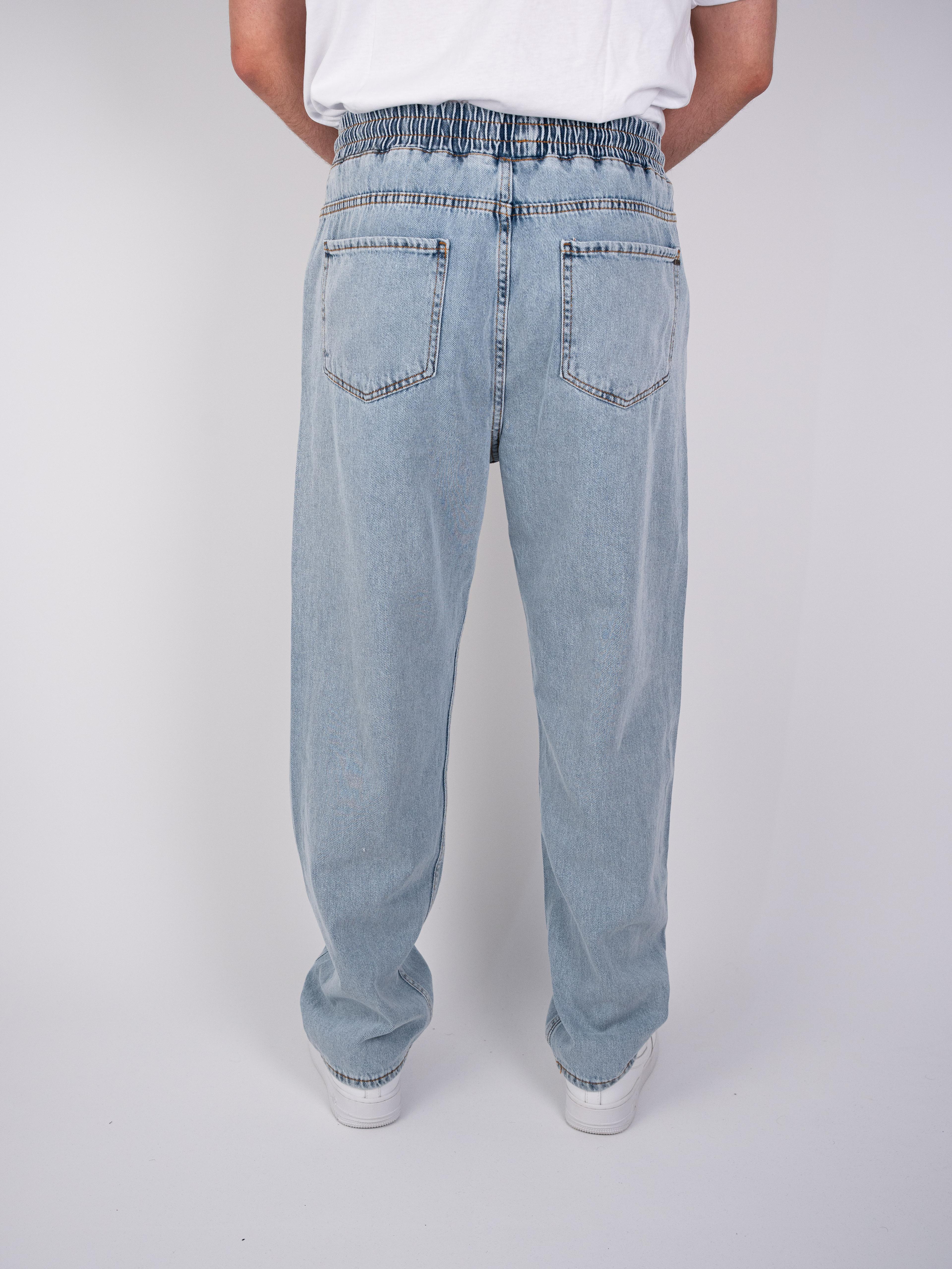 Buz Mavisi Beli Lastikli Baggy Jeans