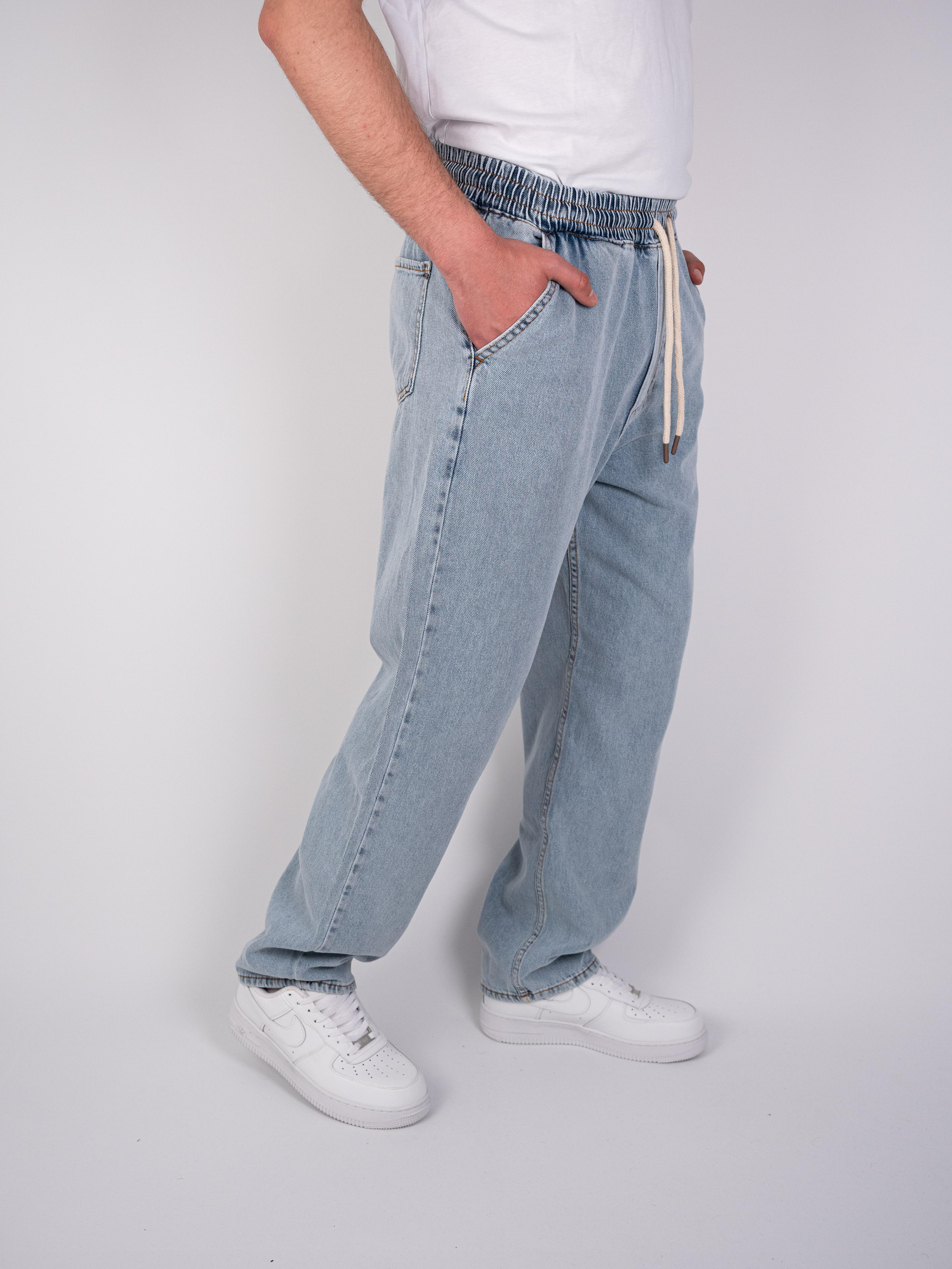 Buz Mavisi Beli Lastikli Baggy Jeans