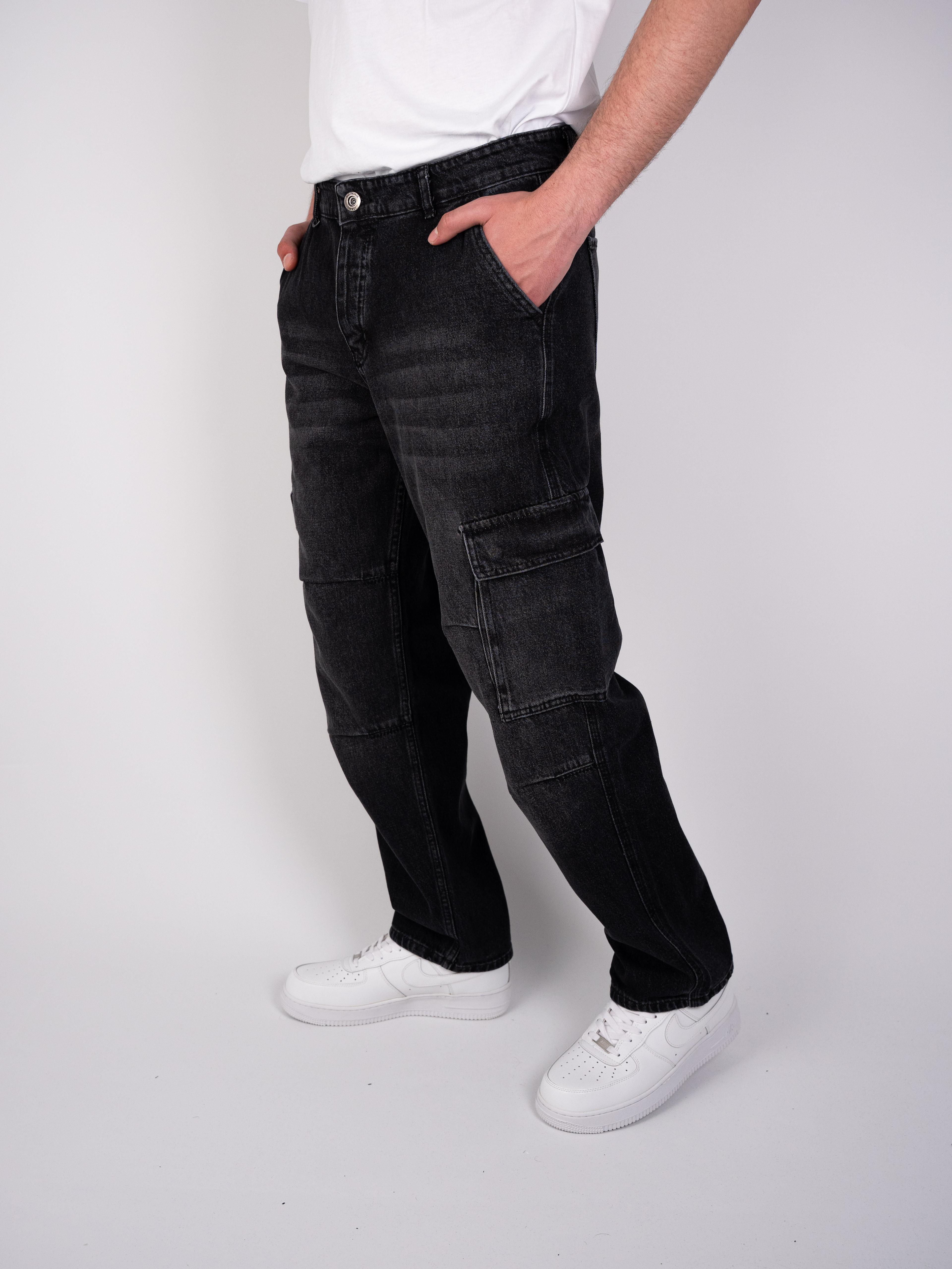 Kargo Cep Baggy Yıkamalı Siyah Kot Pantolon