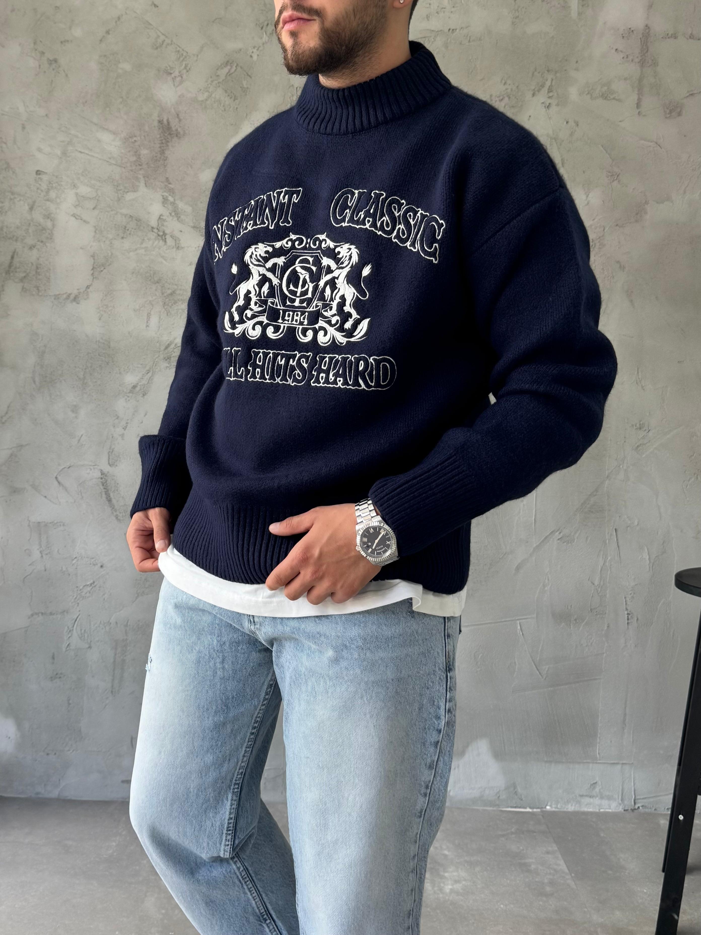 Lacivert Instant Nakışlı Oversize Kazak