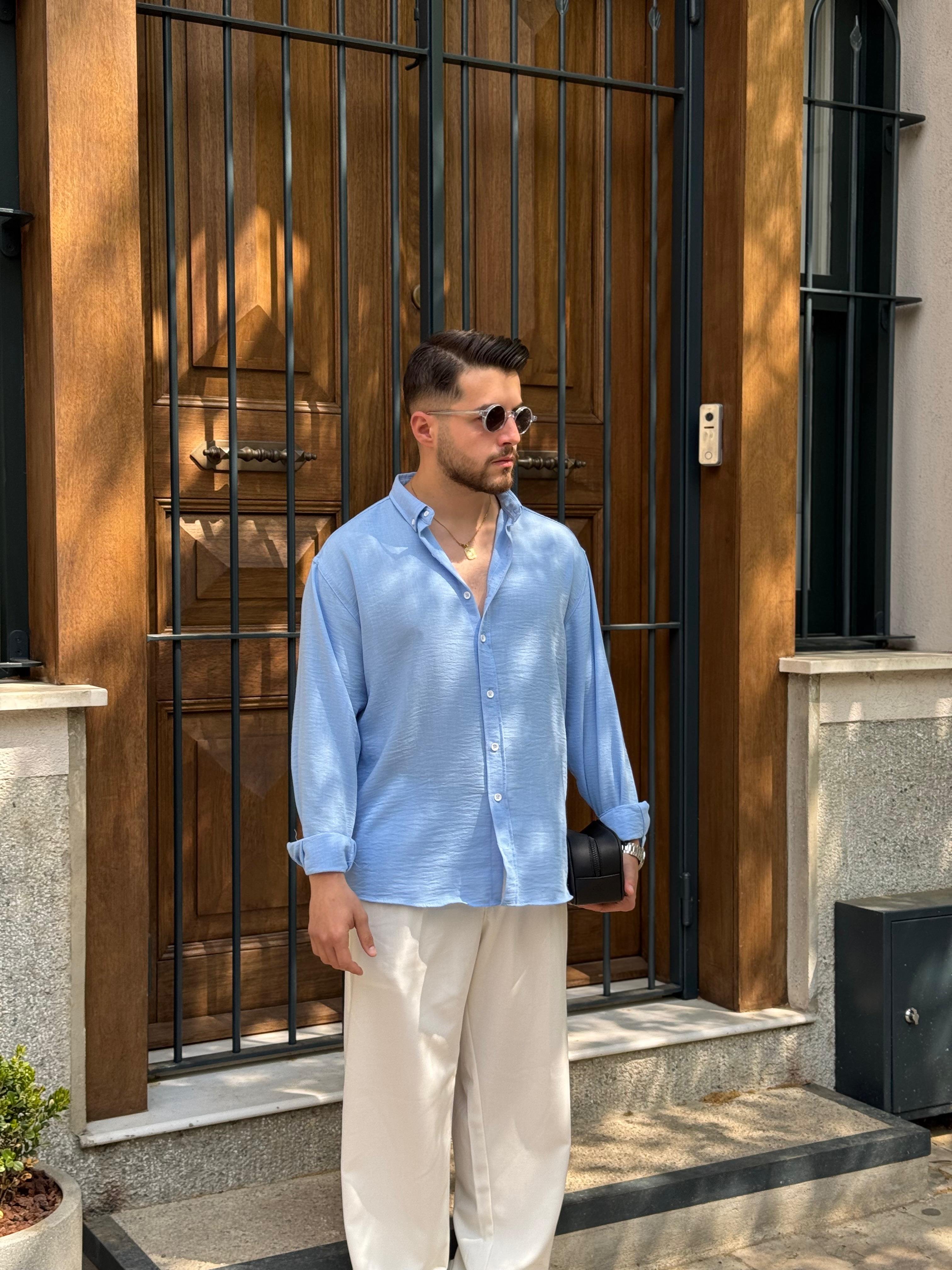 OVERSIZE DÖKÜMLÜ GOBİŞ KETEN GÖMLEK - BEBE MAVİ