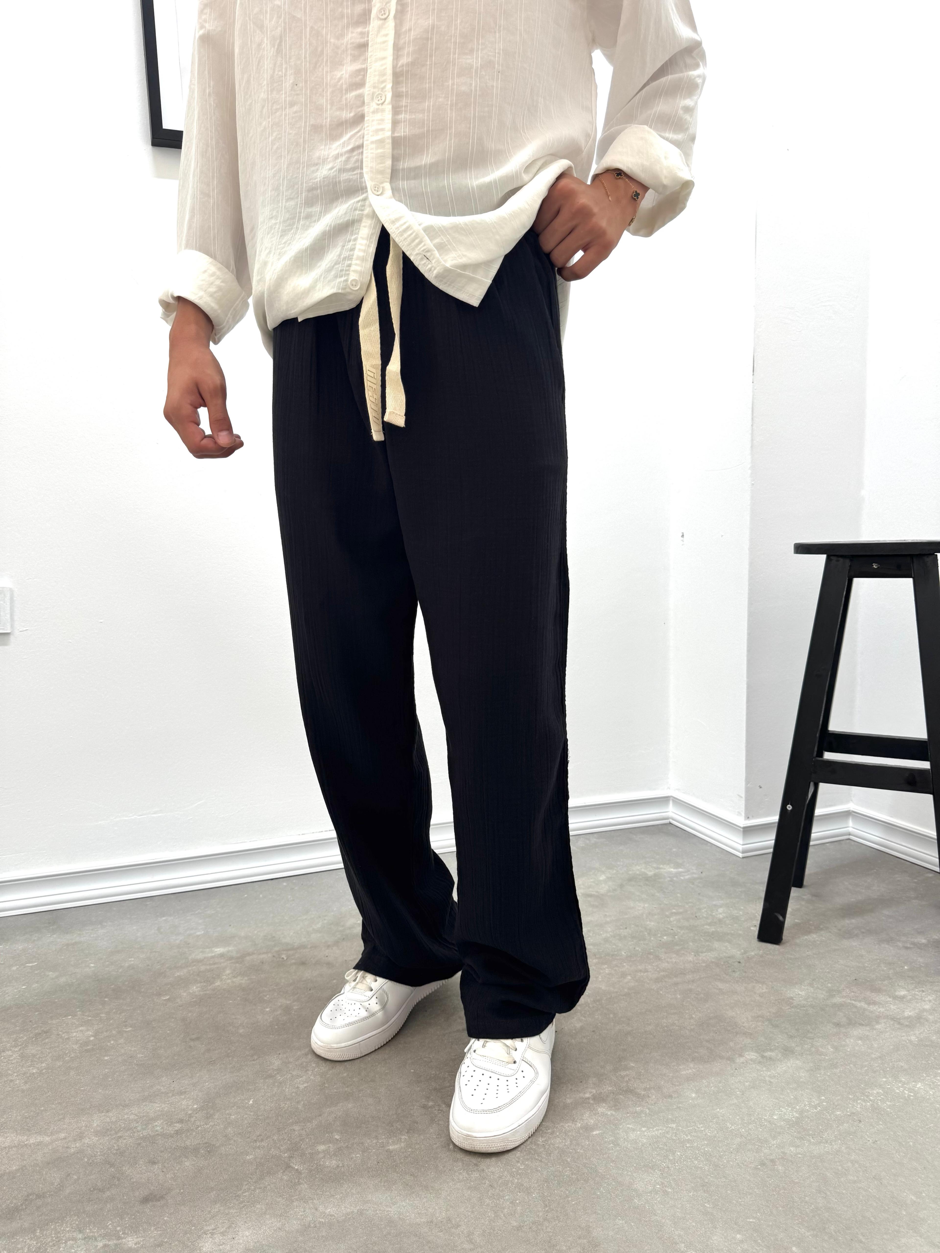 MÜSLİN KUMAŞ BAGGY KALIP PANTOLON - SİYAH