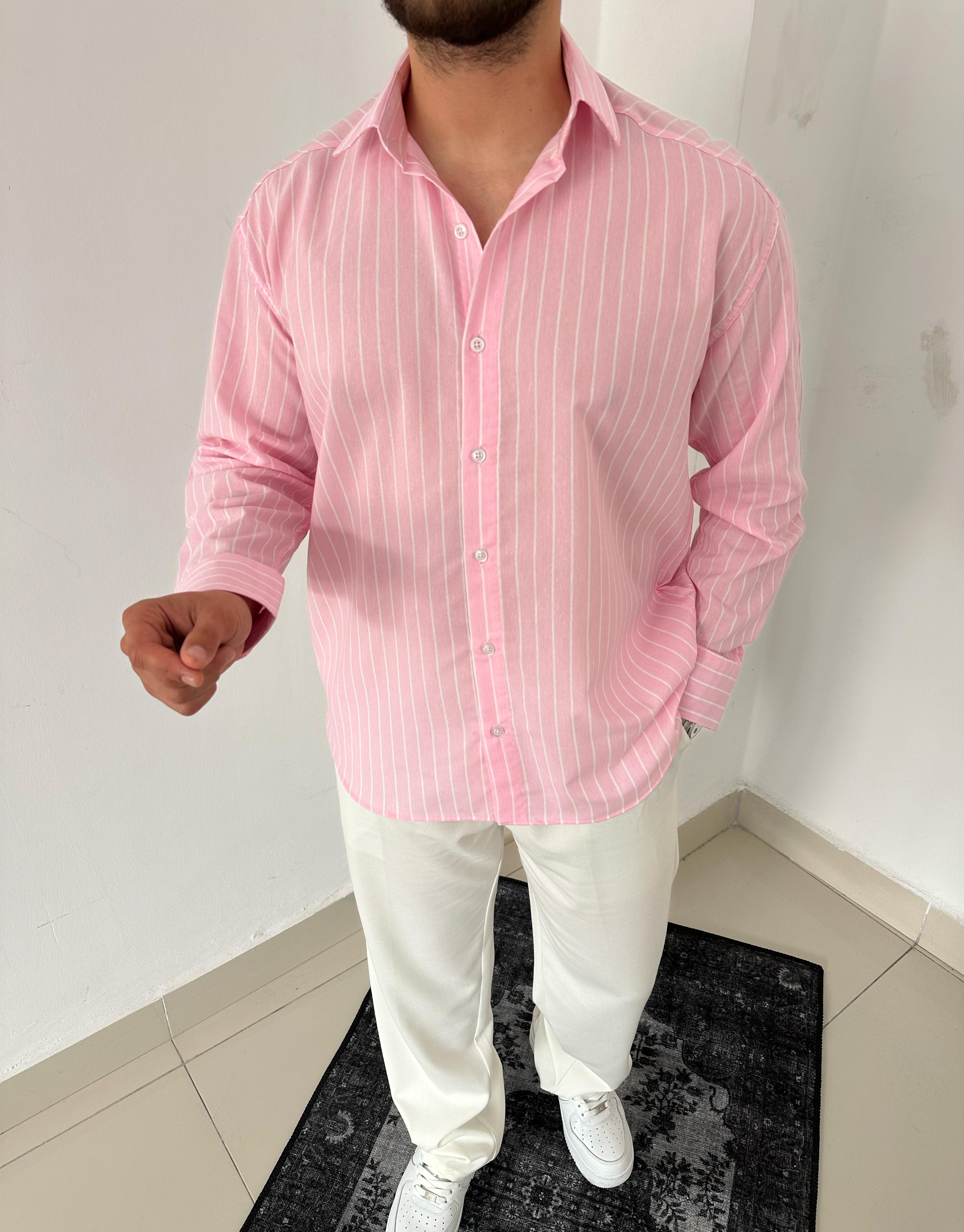 OVERSIZE ÇİZGİ DETAYLI GÖMLEK - PEMBE