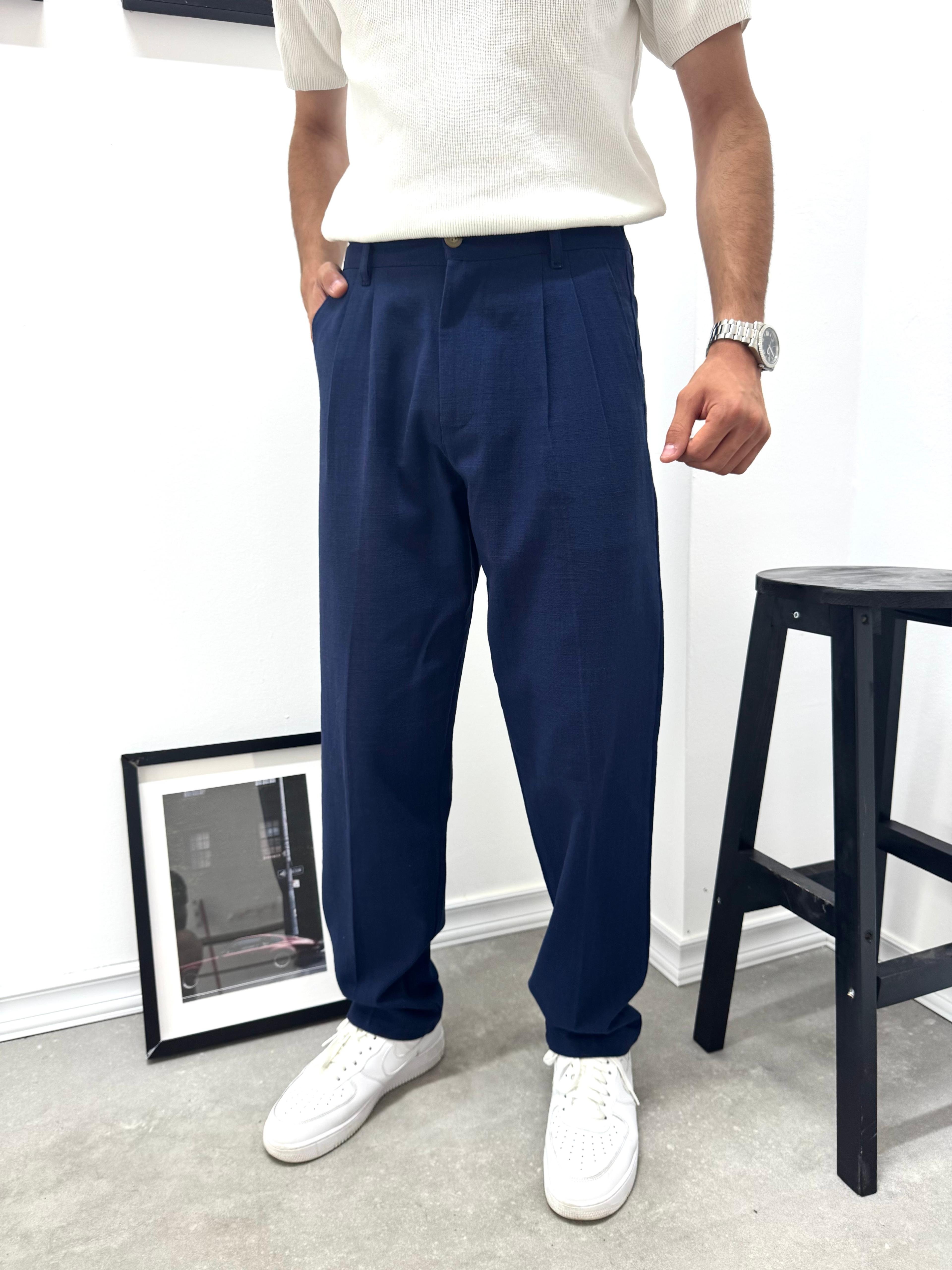 PİLELİ BAGGY KETEN PANTOLON - LACİVERT