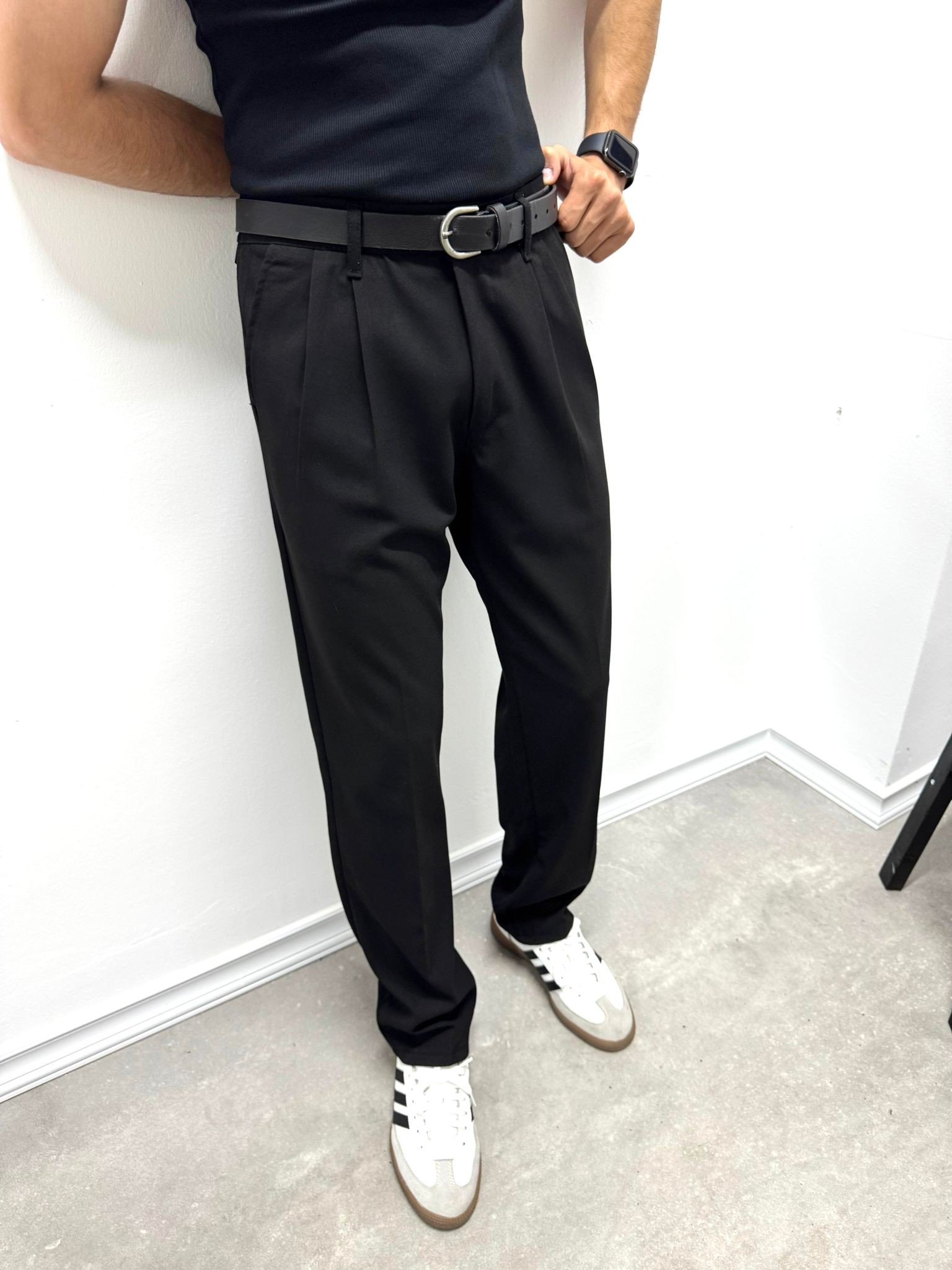 PİLELİ BAGGY KUMAŞ PANTOLON - SİYAH