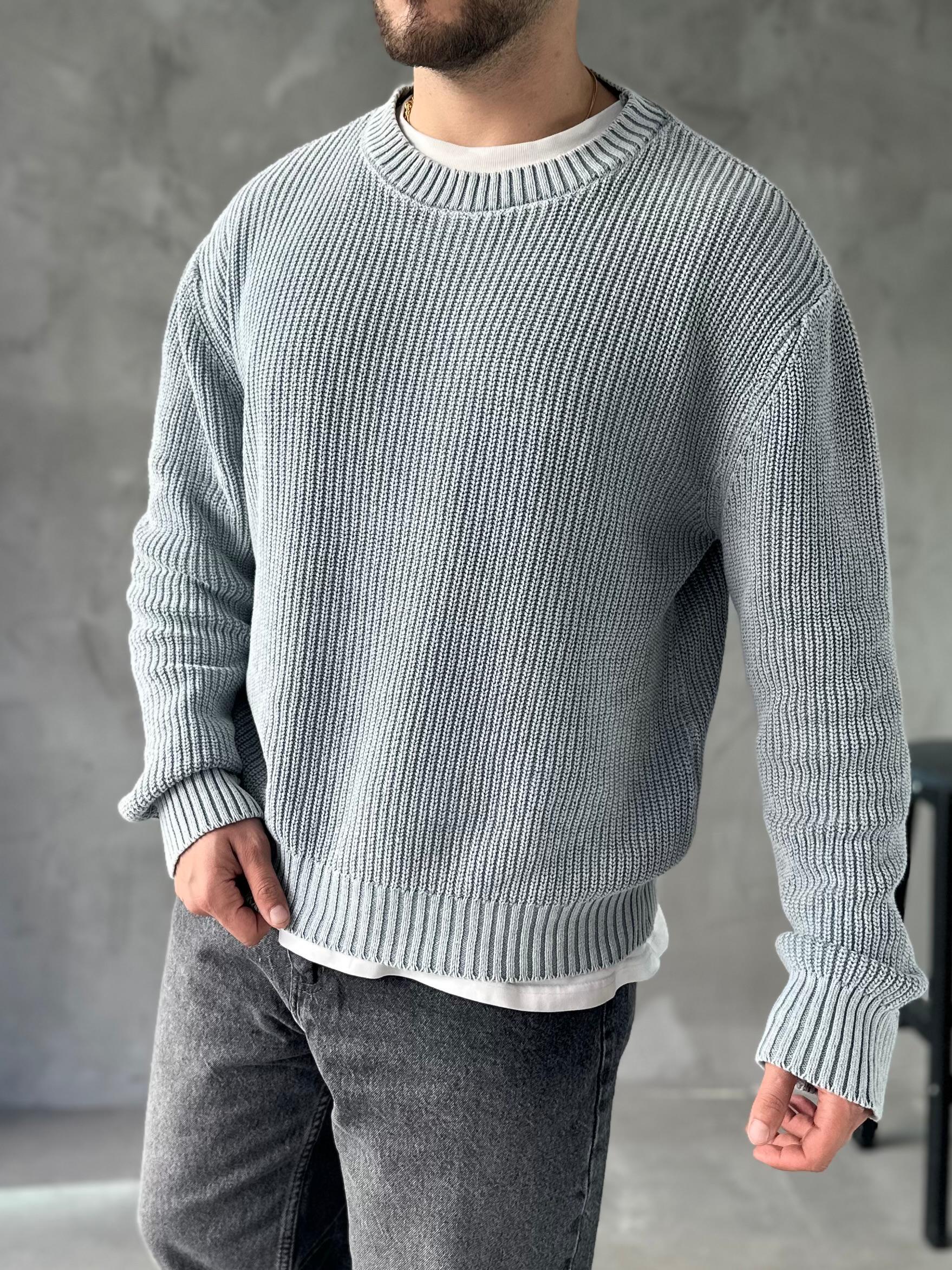 Gri Yıkamalı Oversize Örme Kazak