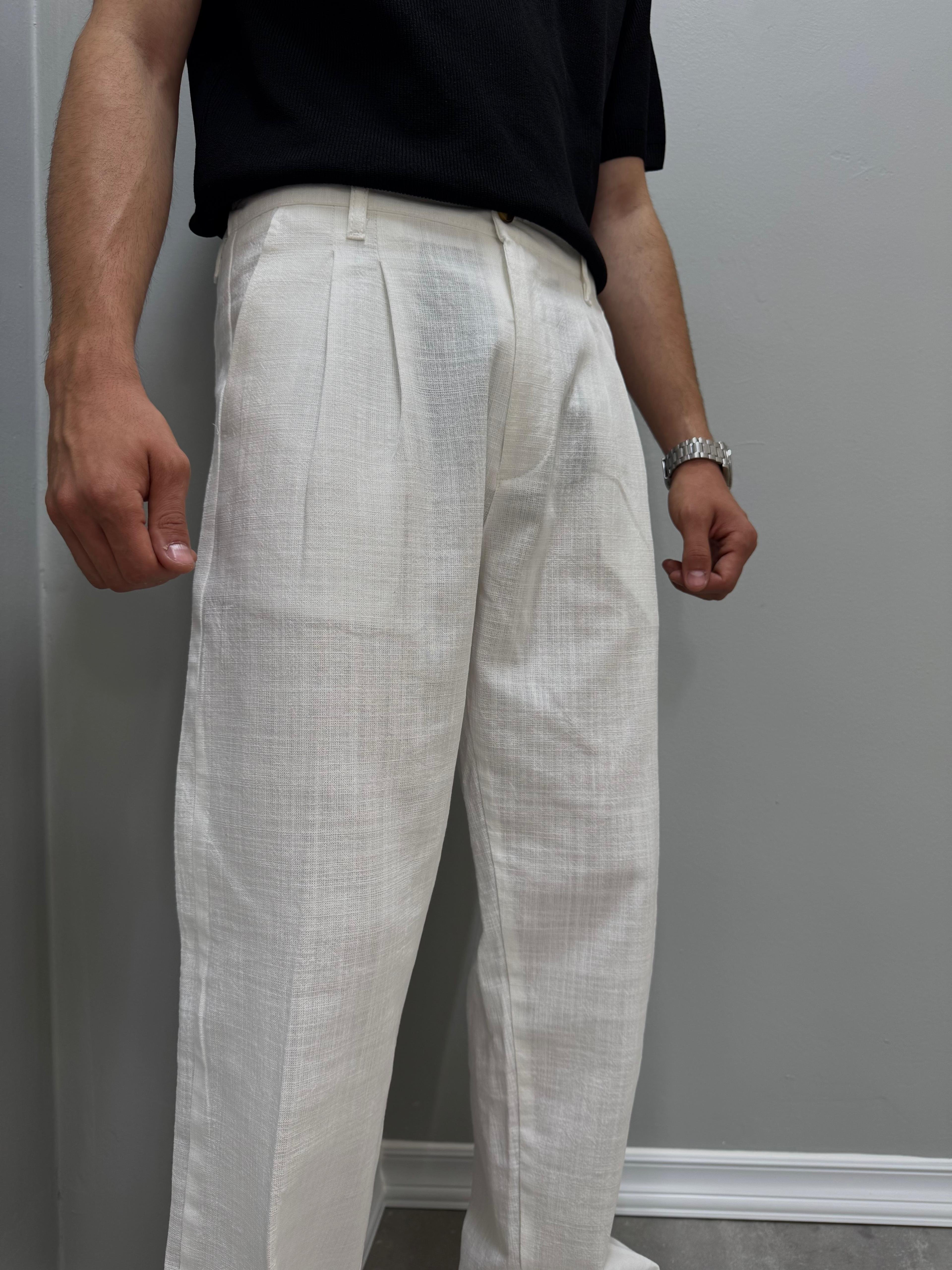 PİLELİ BAGGY KETEN PANTOLON - BEYAZ