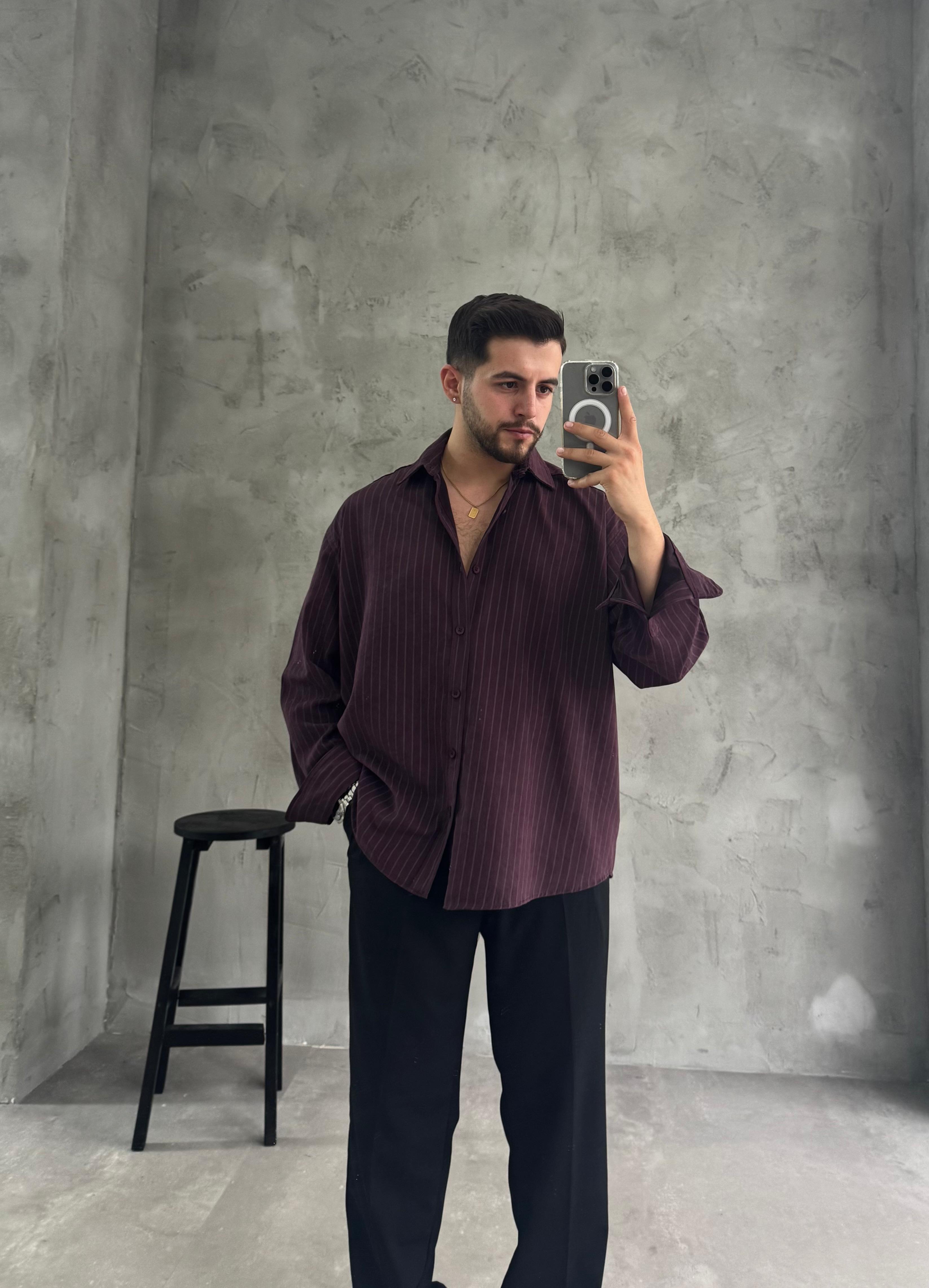 GG Bordo Kışlık Modal Kumaş Çizgili Gömlek