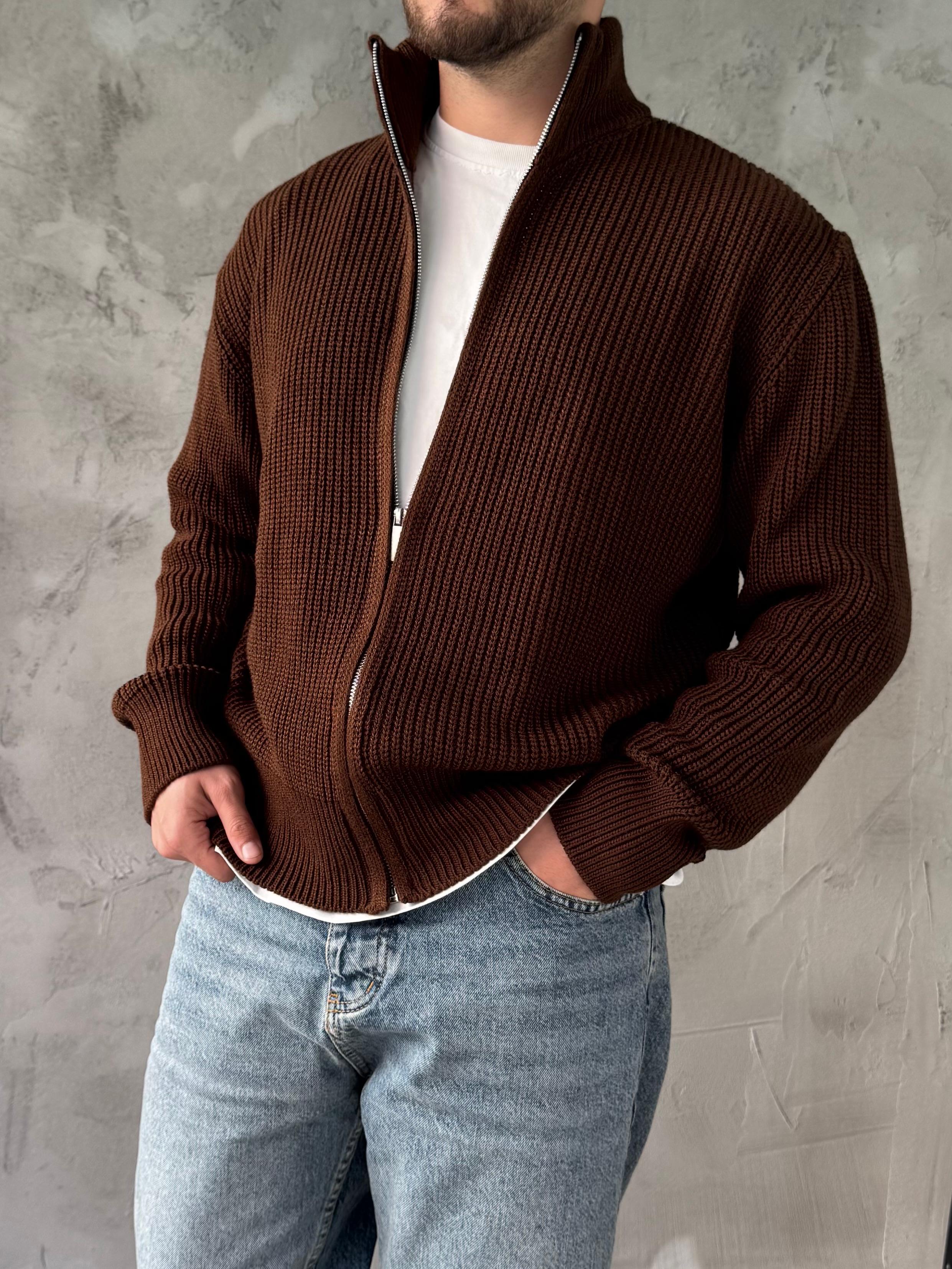 Kahve Tam Fermuarlı Oversize Örme Hırka