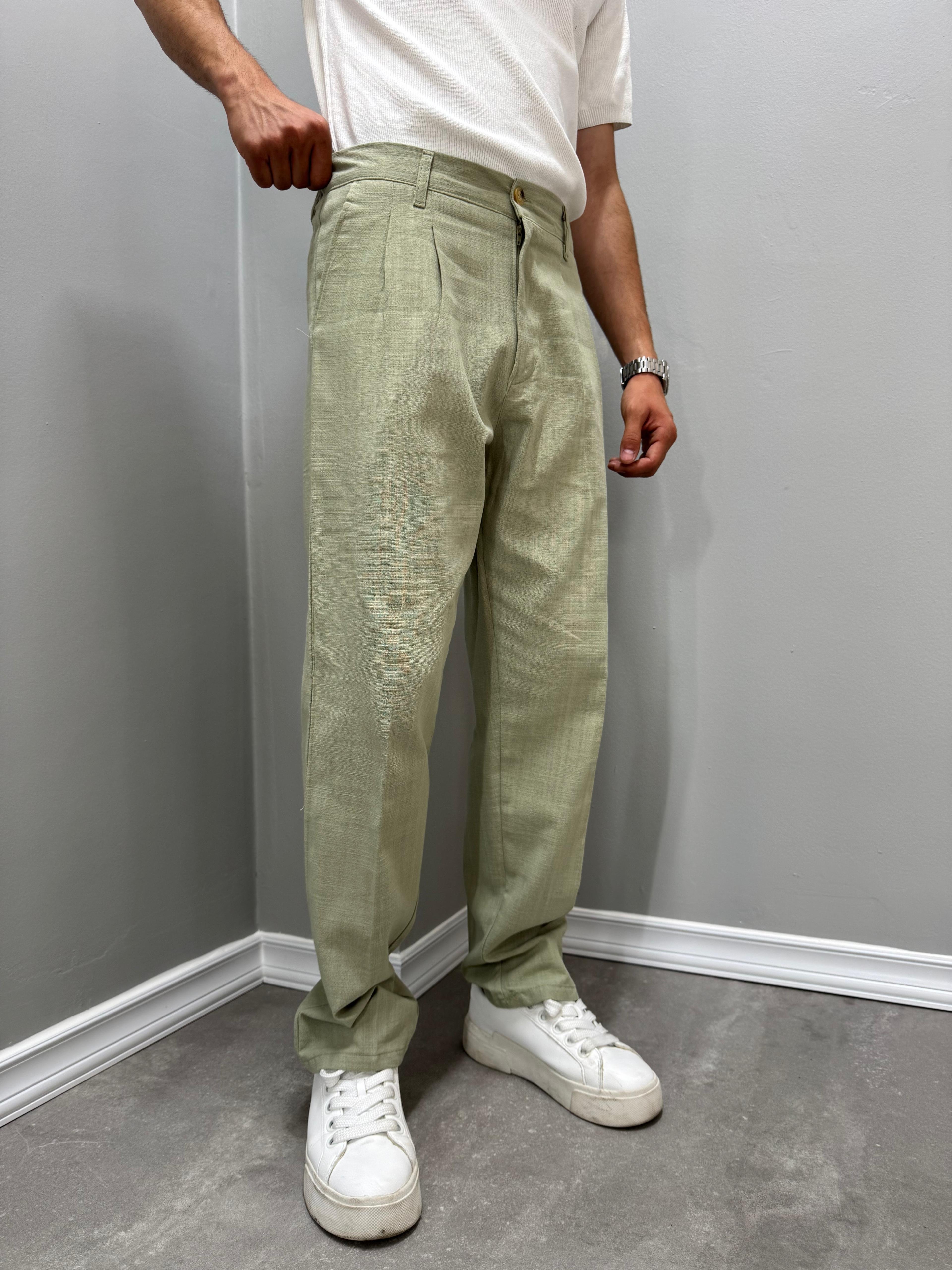 PİLELİ BAGGY KETEN PANTOLON - YEŞİL