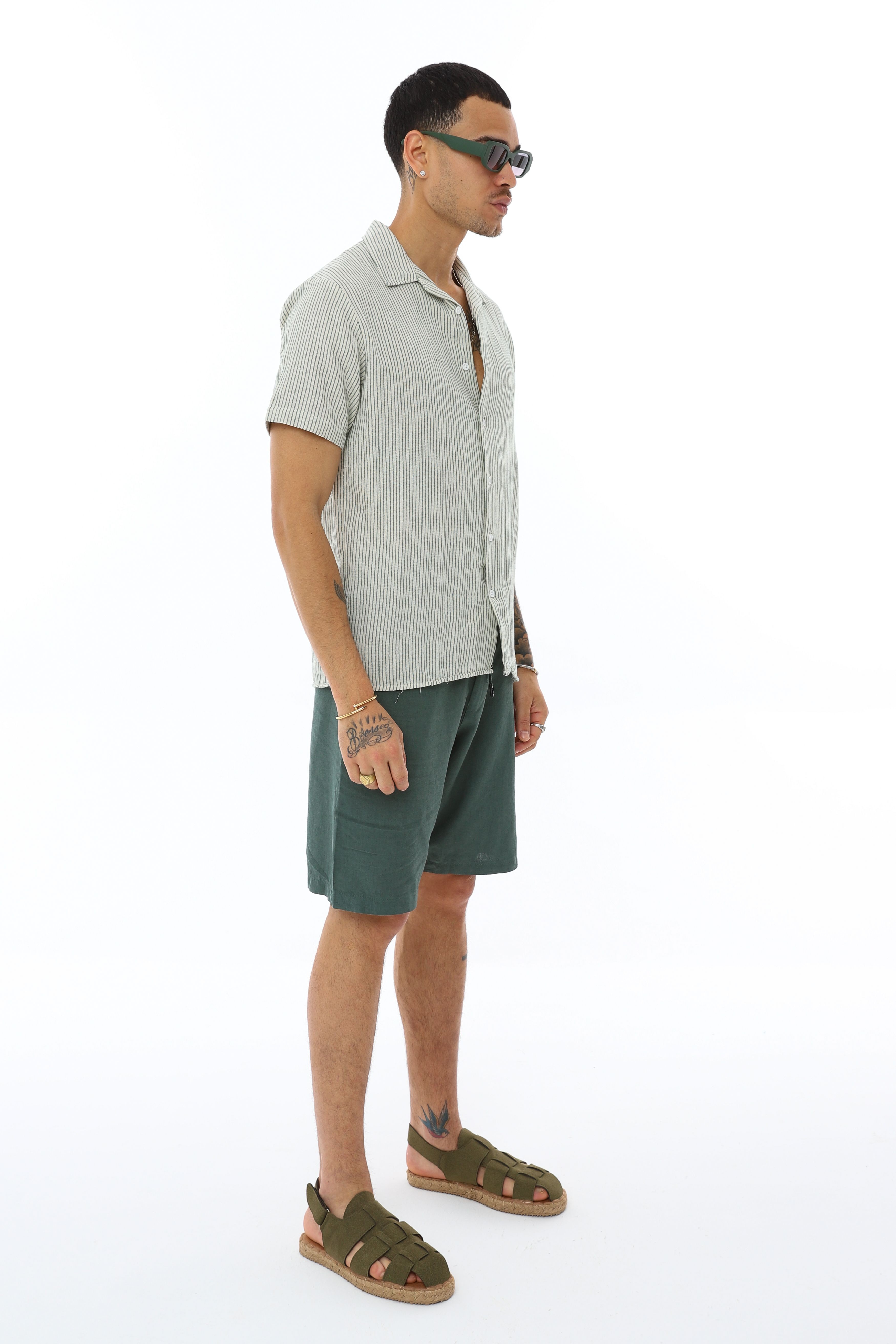 OVERSIZE İNCE ÇİZGİLİ GÖMLEK - HAKİ - BEYAZ