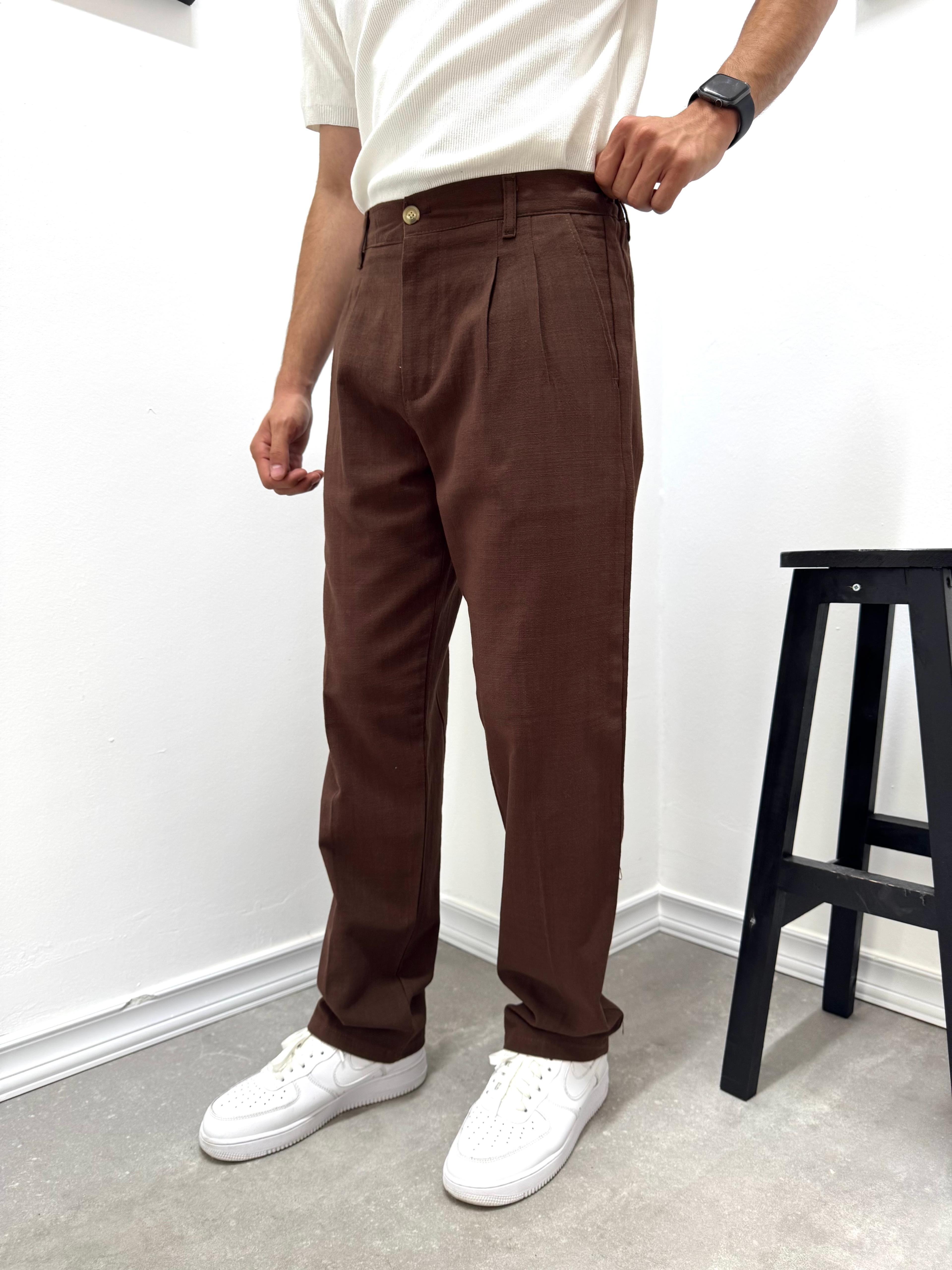 PİLELİ BAGGY KETEN PANTOLON - KAHVE