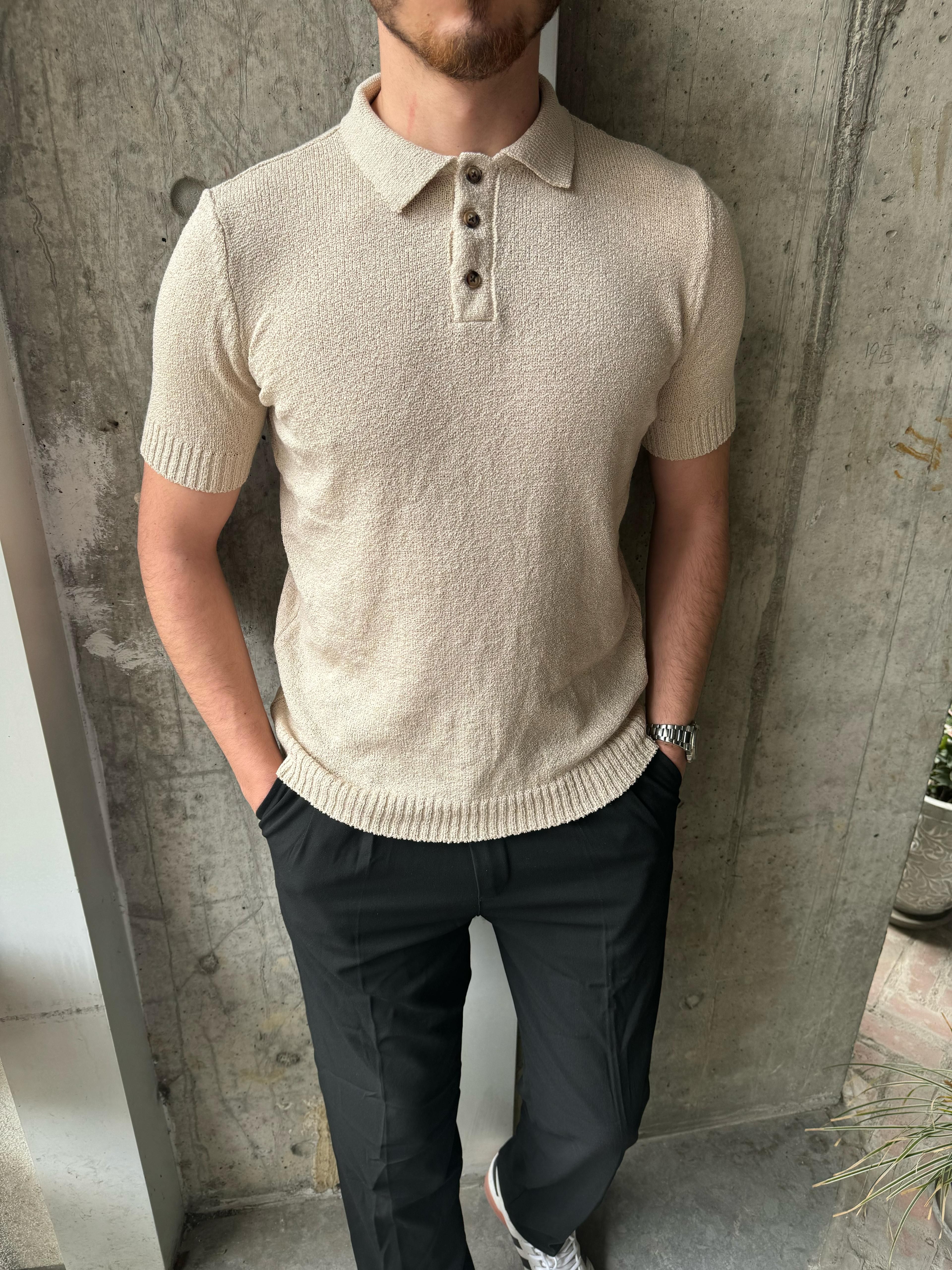 ÖRME KUMAŞ POLO YAKA TRİKO - BEJ