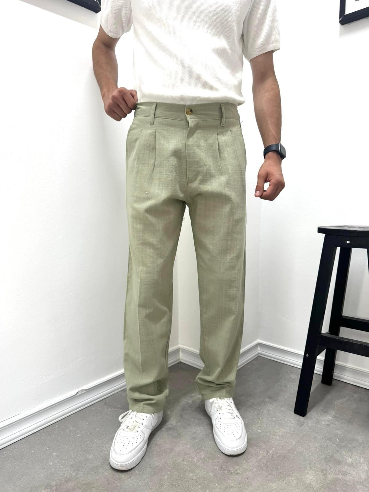 PİLELİ BAGGY KETEN PANTOLON - YEŞİL