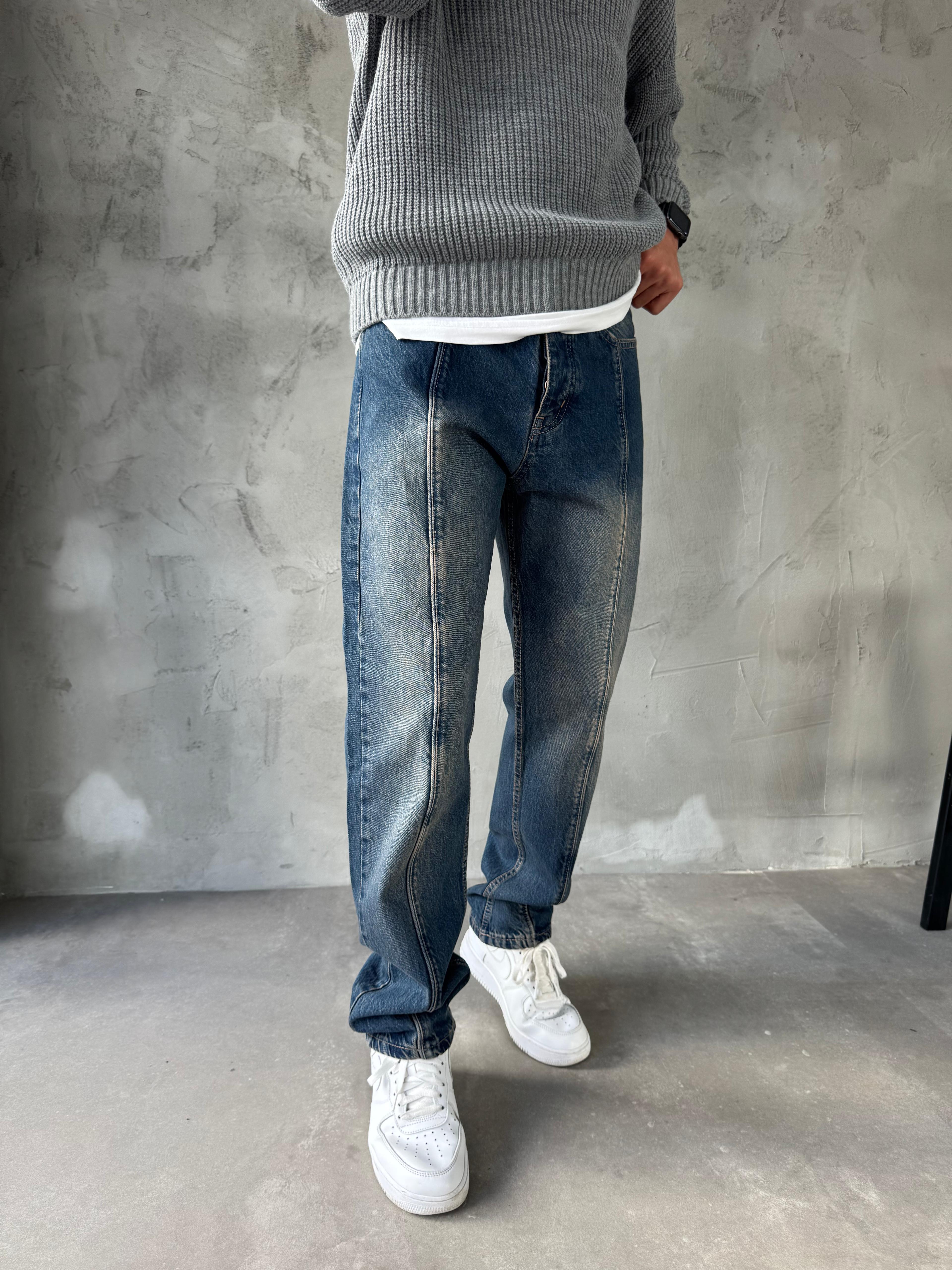 Mavi Yıkamalı Çizgi Detay Baggy Jean