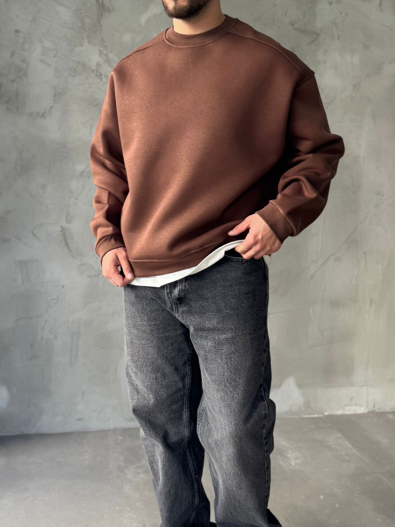 Kahve Basıc Oversize Premium Sweatshirt