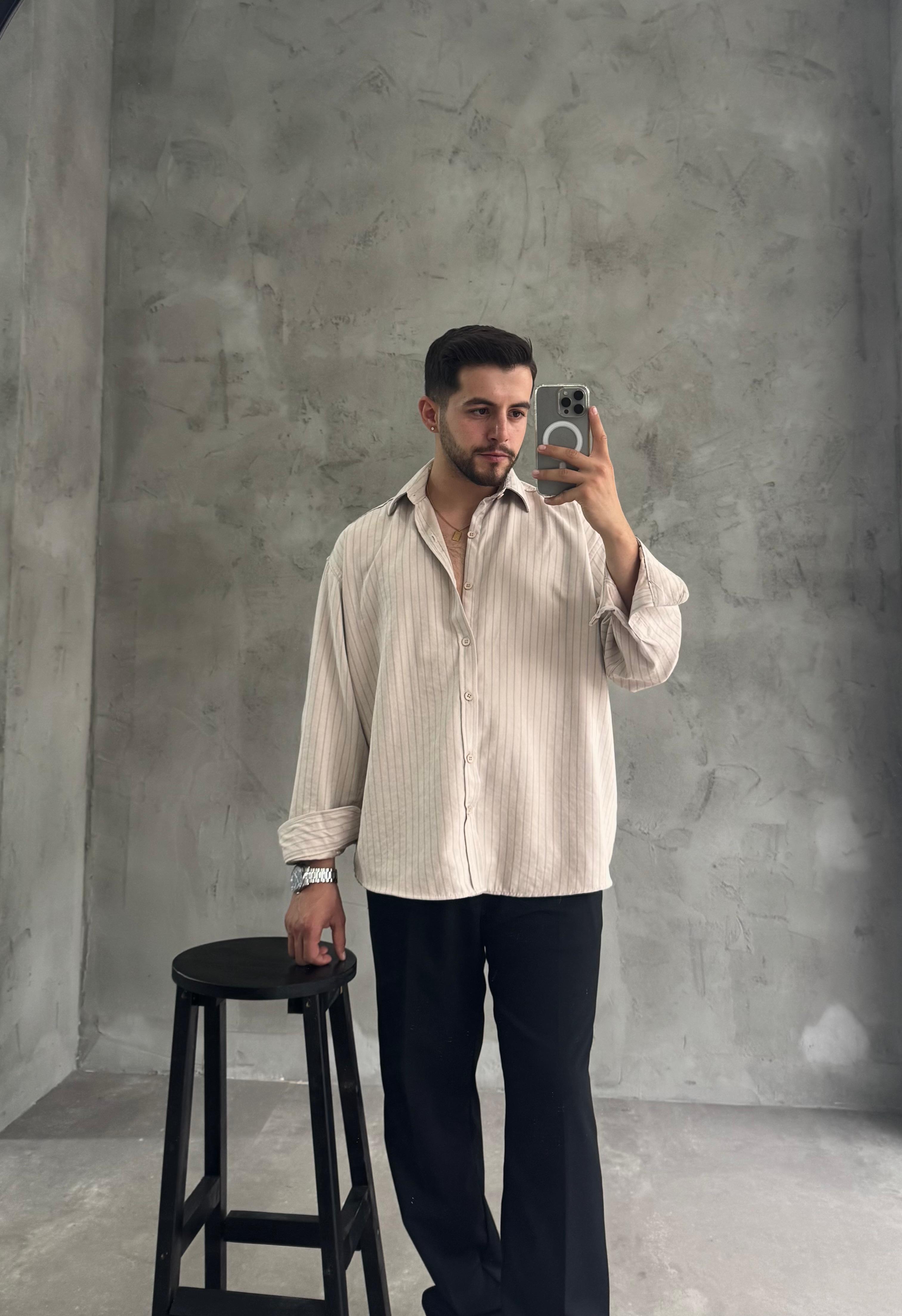 GG Krem Kışlık Modal Kumaş Çizgili Gömlek