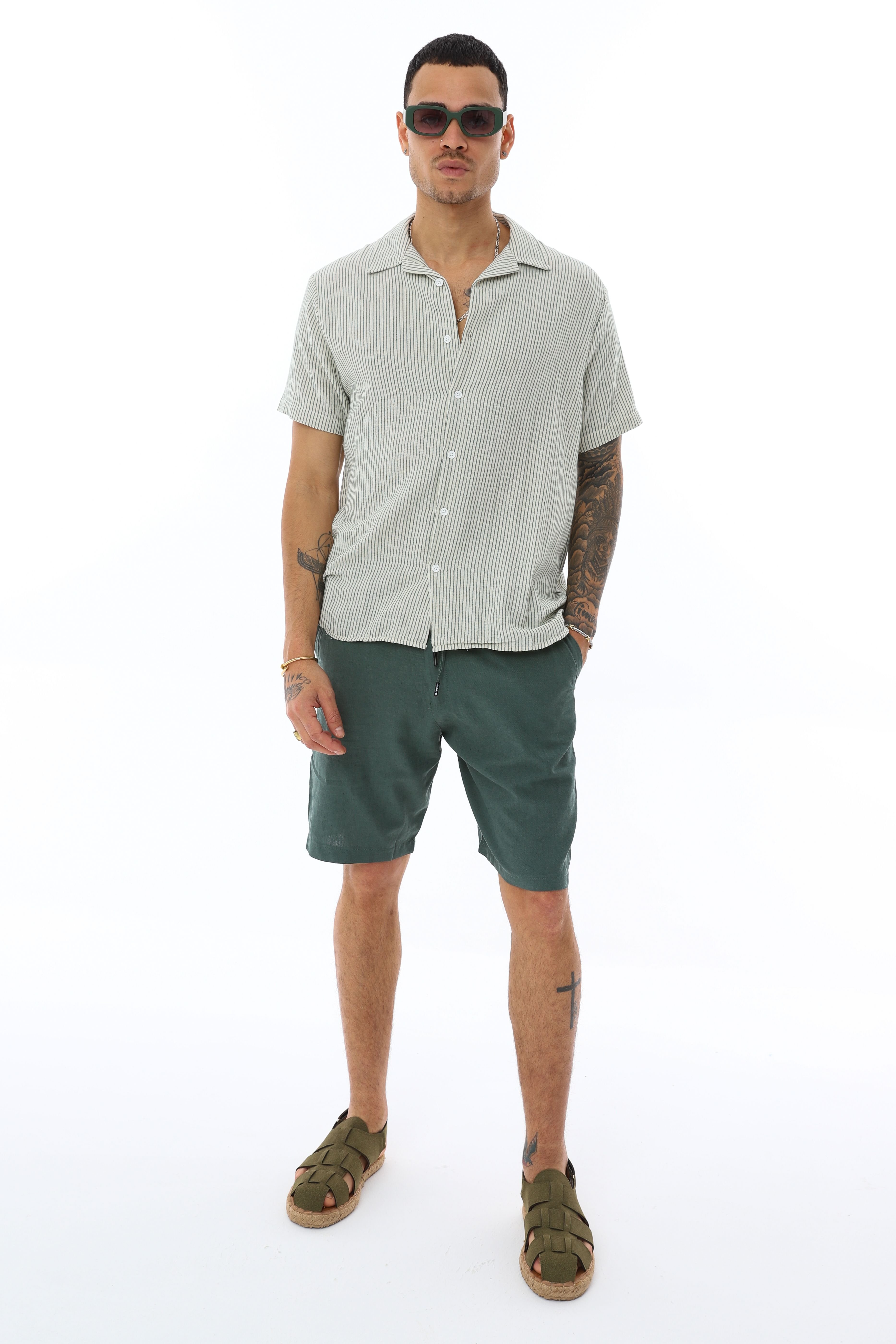 OVERSIZE İNCE ÇİZGİLİ GÖMLEK - HAKİ - BEYAZ