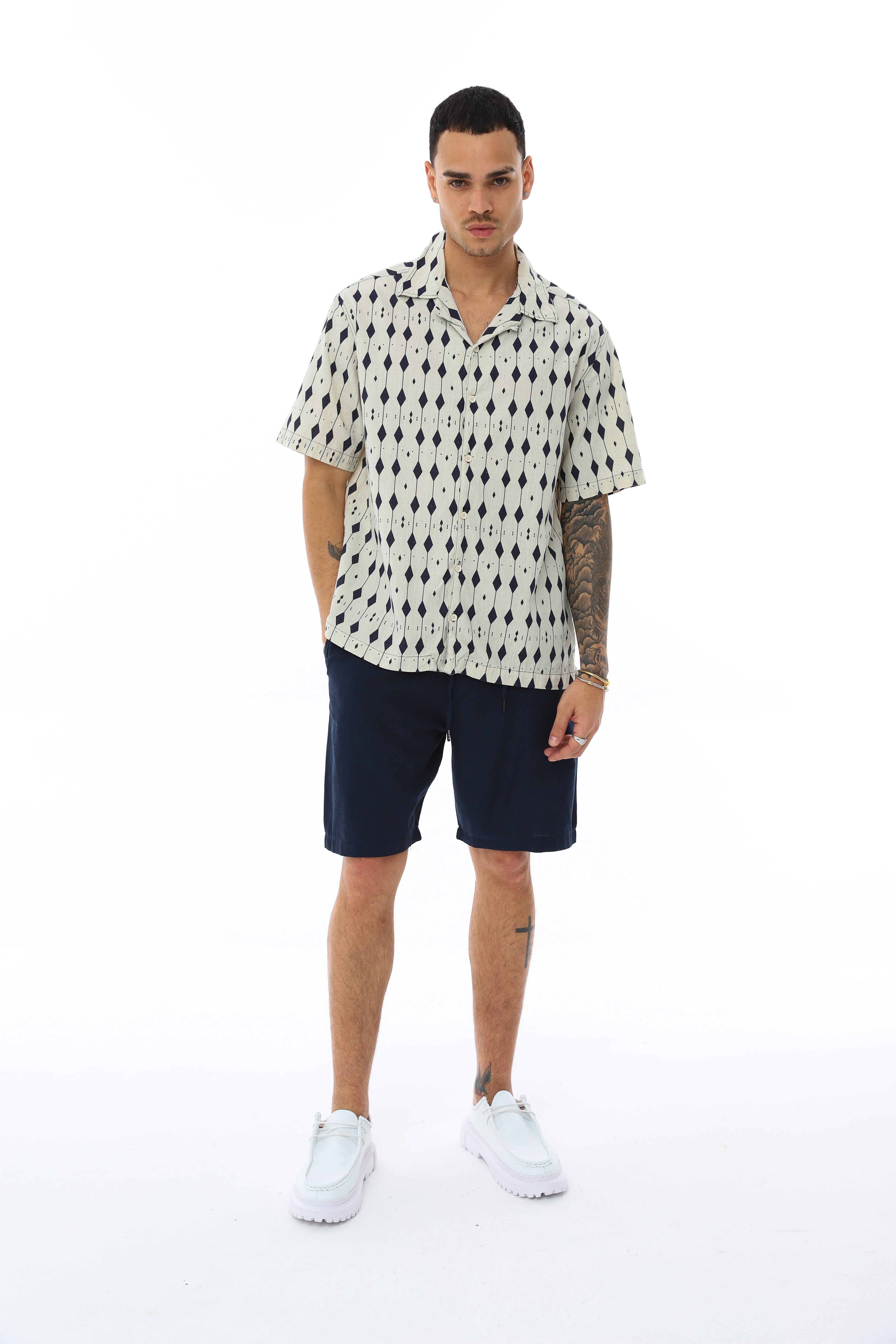 DESENLİ KISA KOLLU KETEN GÖMLEK - BEJ