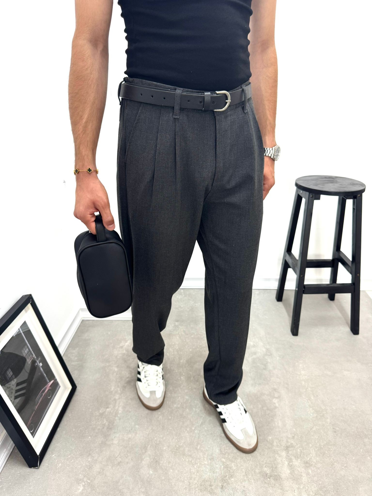 PİLELİ BAGGY KUMAŞ PANTOLON - ANTRASİT