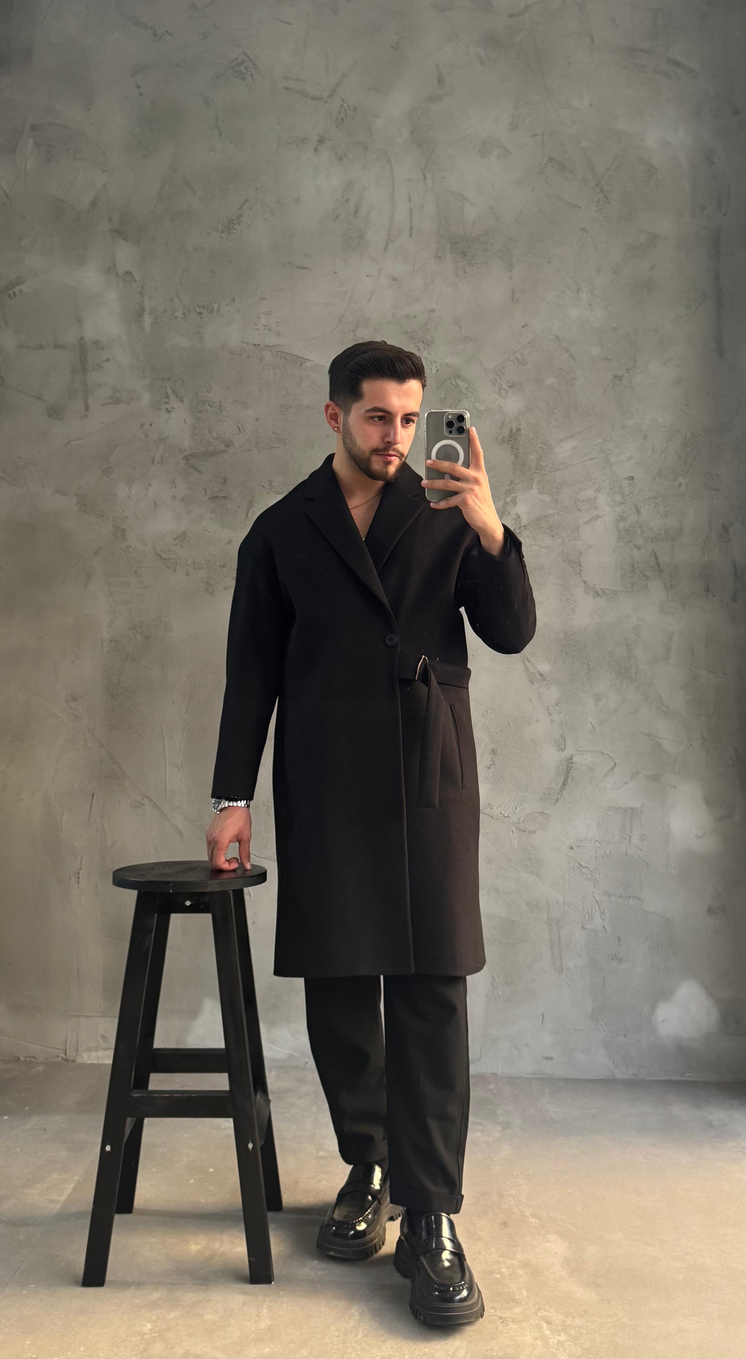 Siyah Premium Kemerli Kaban