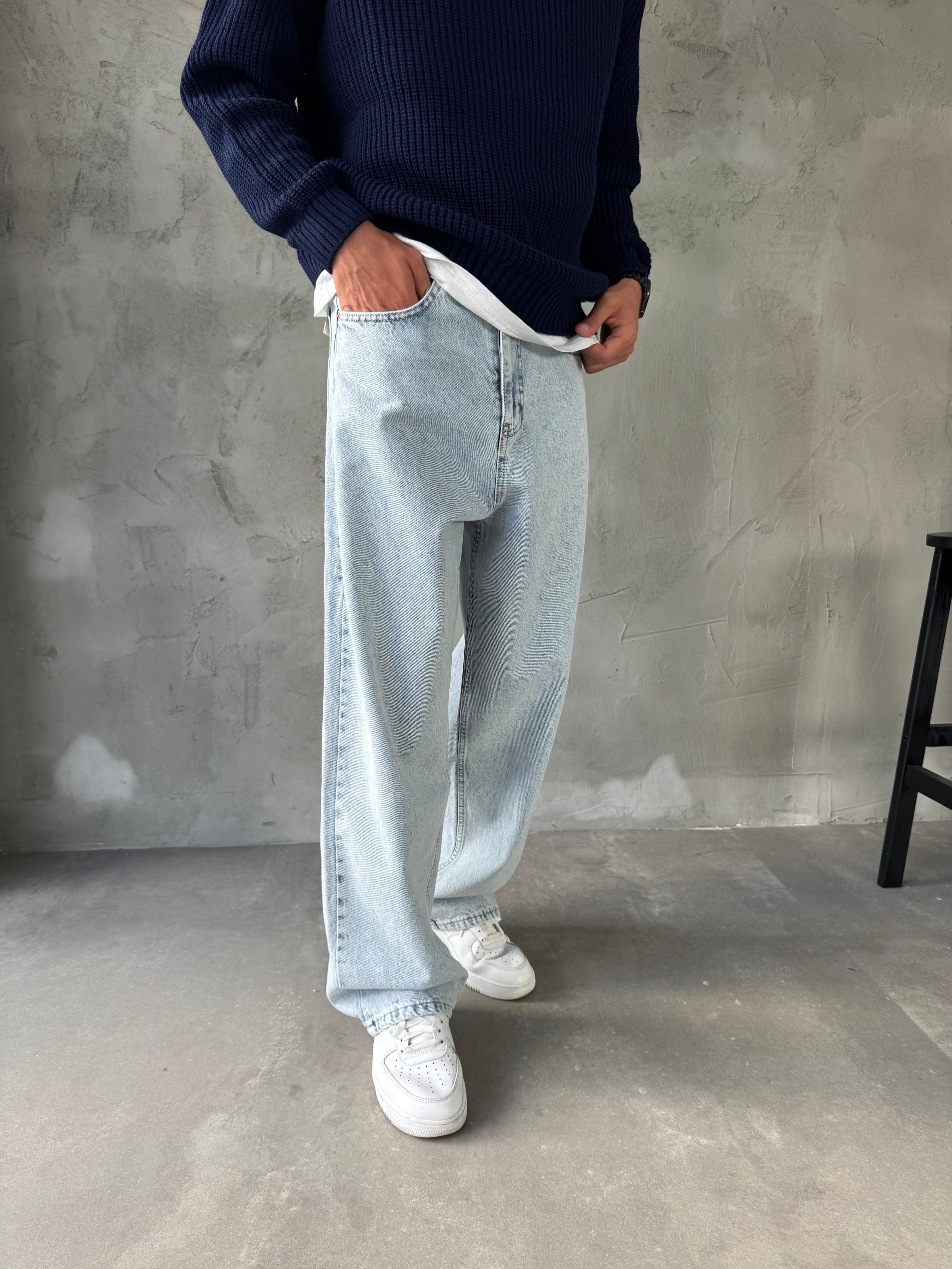 Buz Mavisi Yıkamalı Bol Kalıp Jean