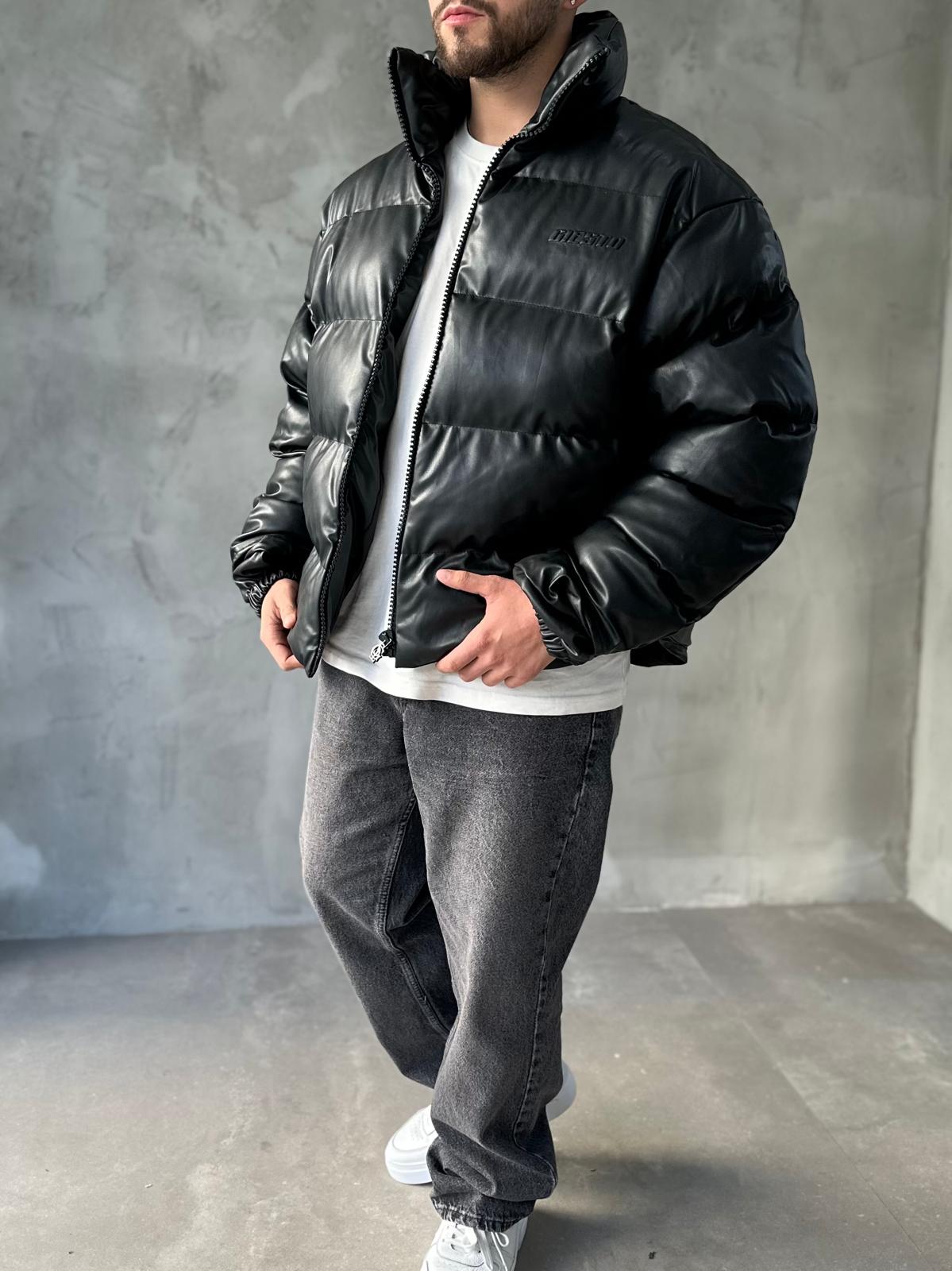 Siyah Premium Deri Oversize Şişme Mont 