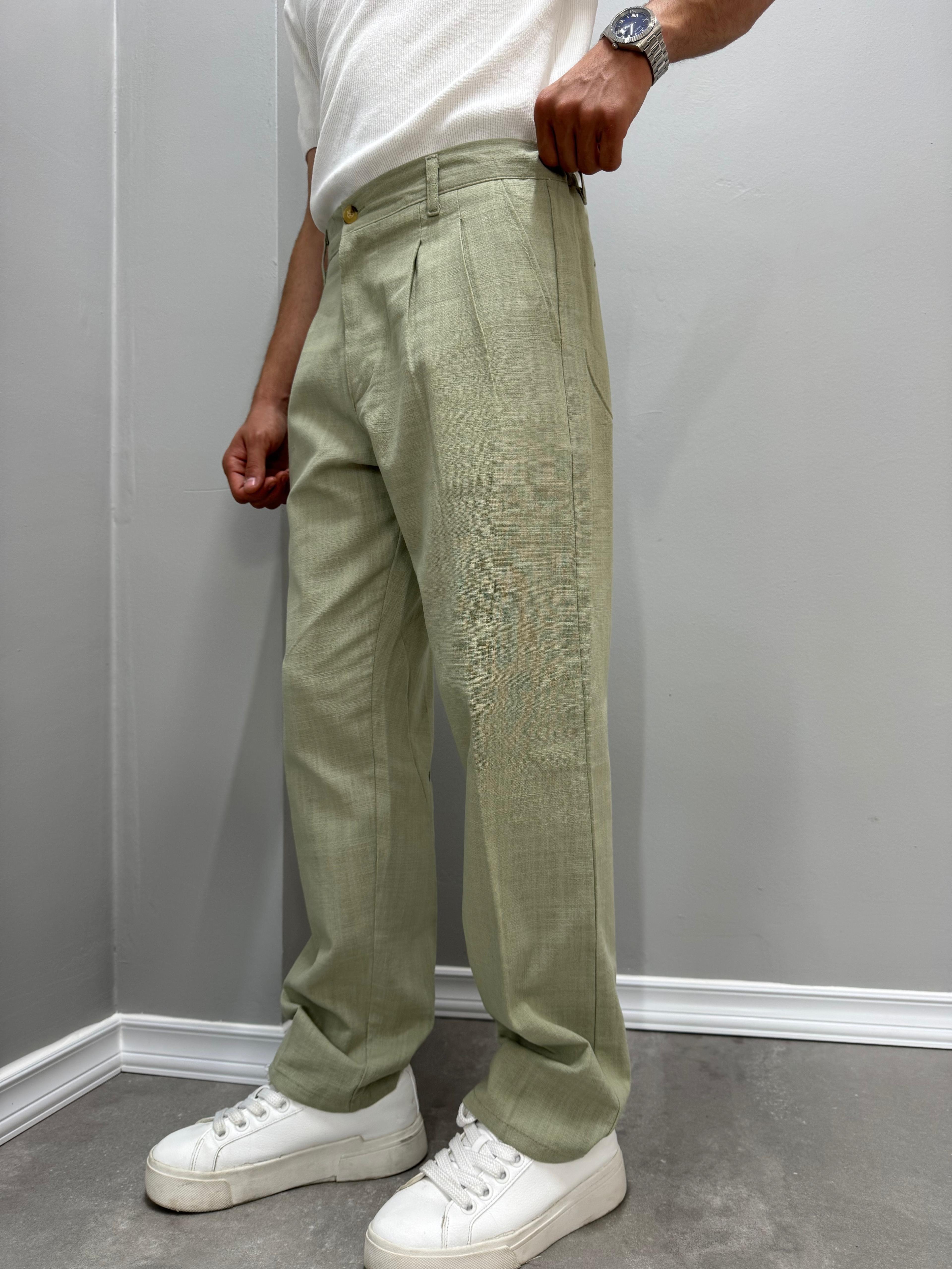 PİLELİ BAGGY KETEN PANTOLON - YEŞİL