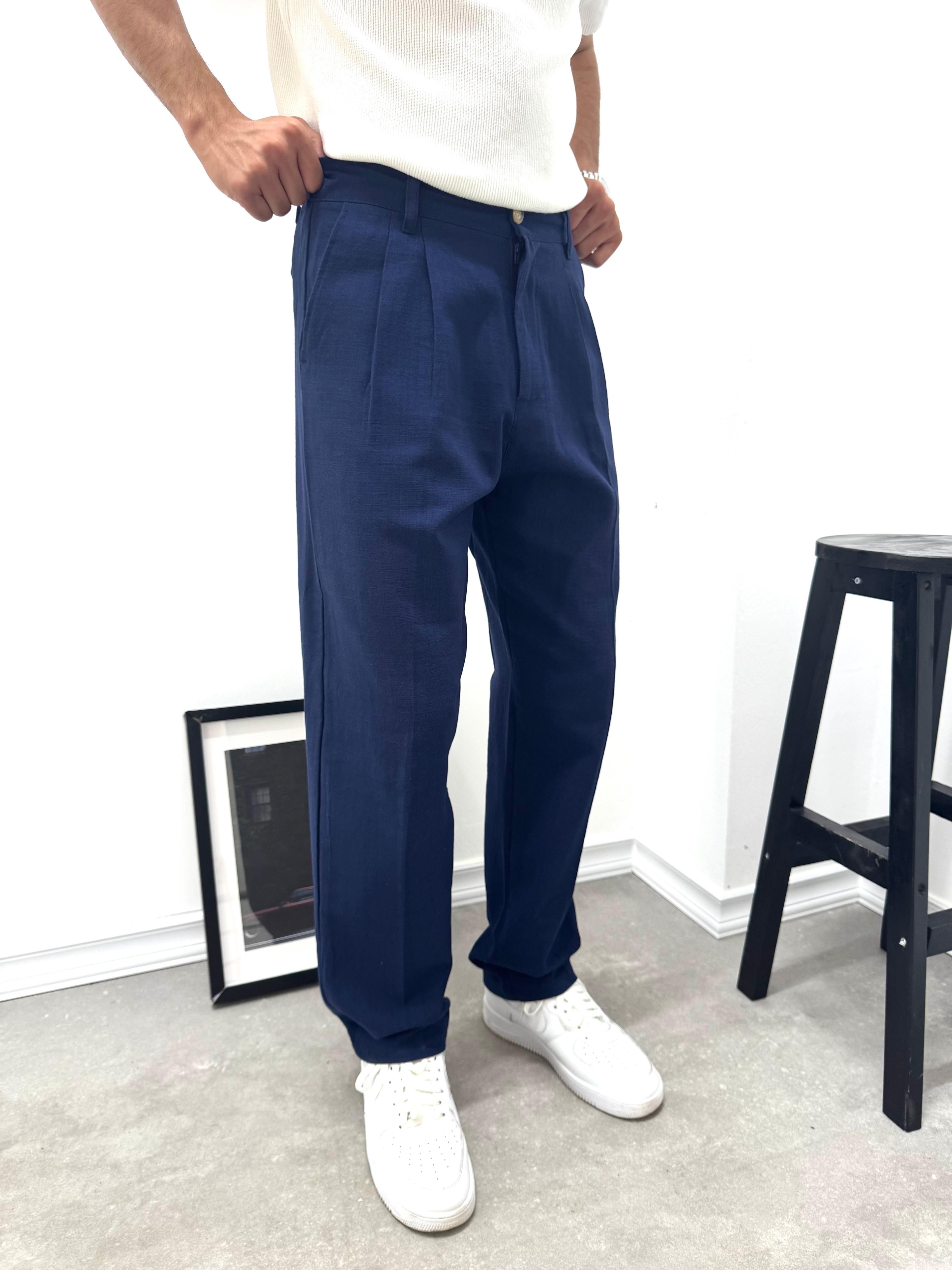 PİLELİ BAGGY KETEN PANTOLON - LACİVERT