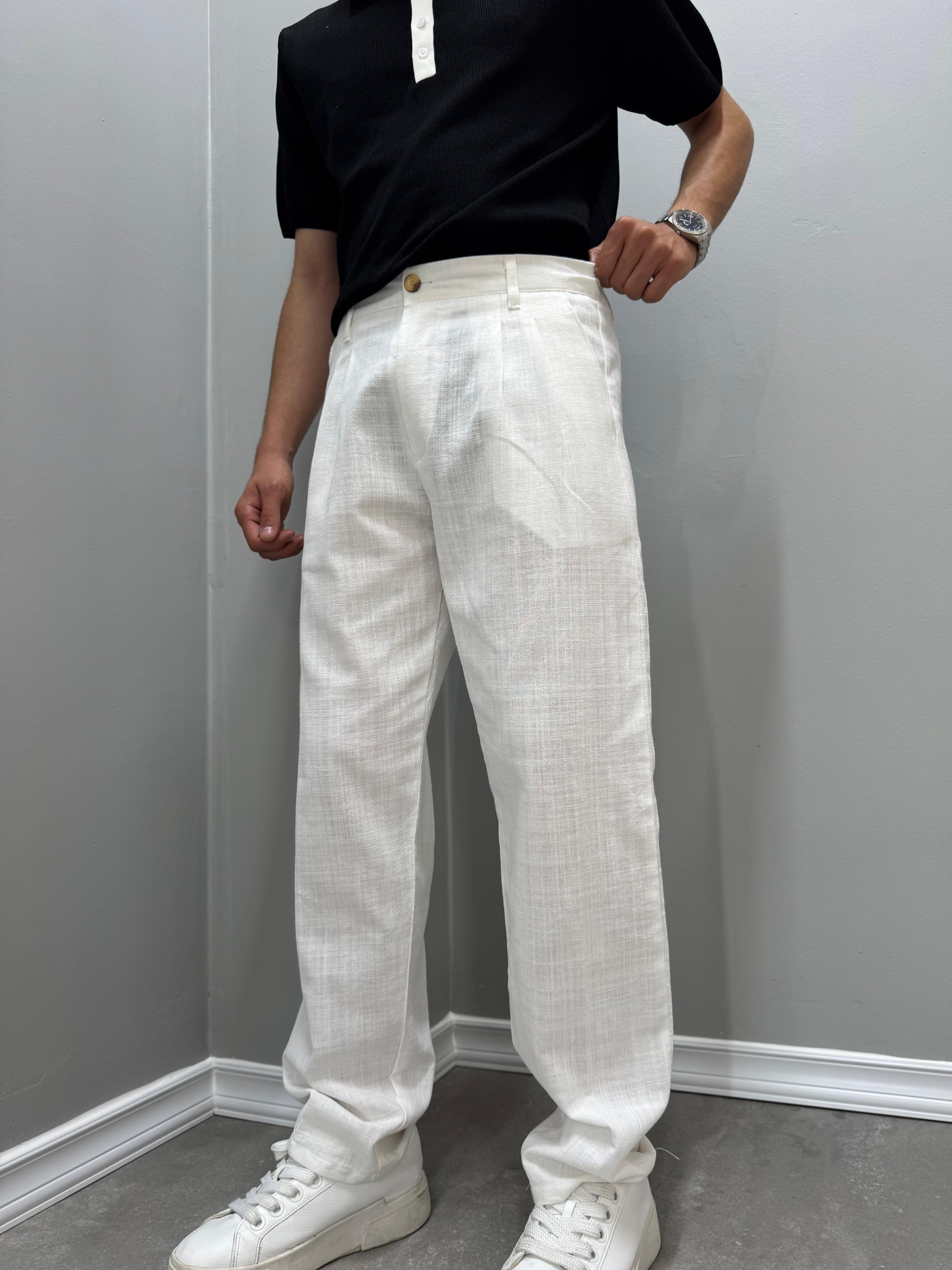 PİLELİ BAGGY KETEN PANTOLON - BEYAZ