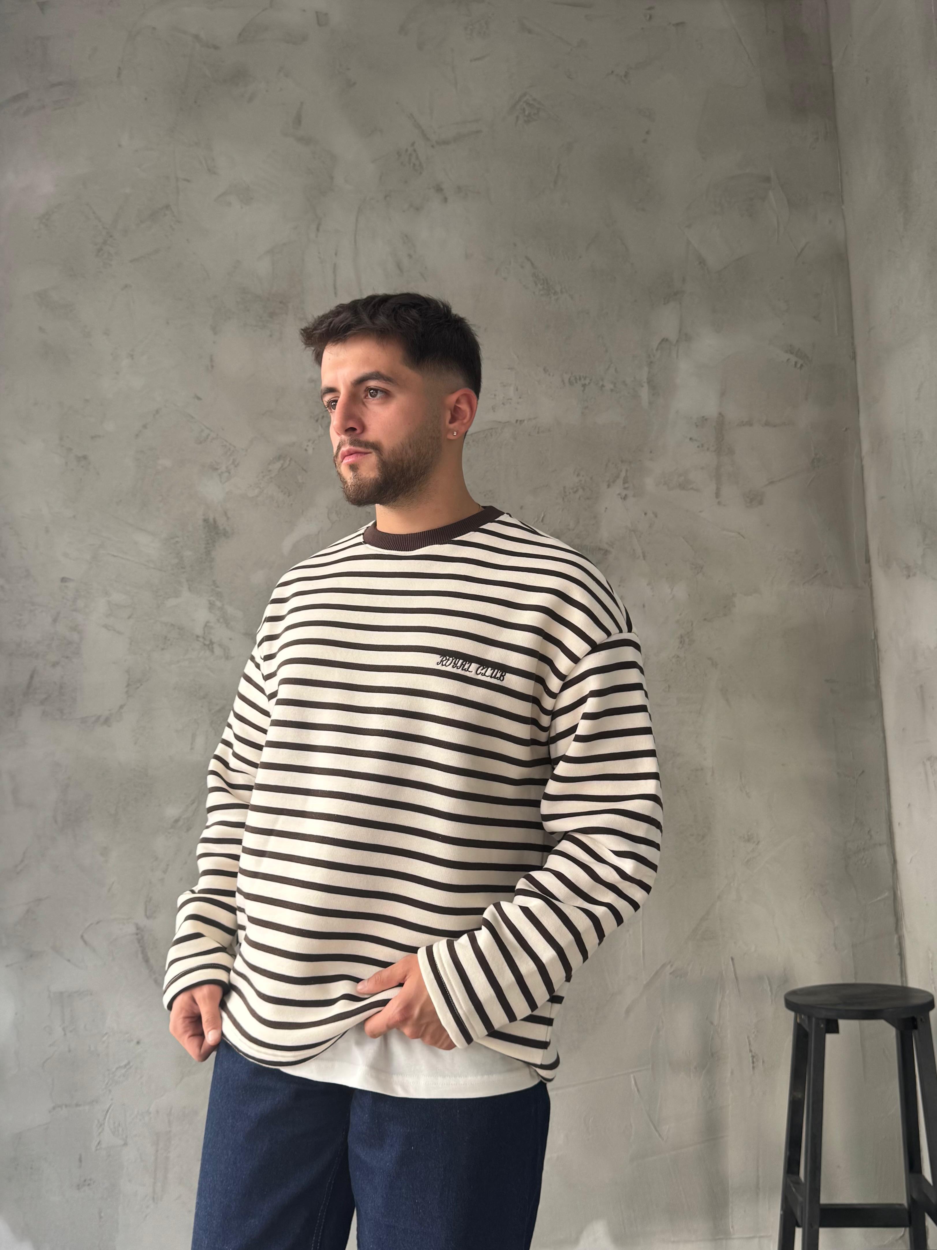 Kahve Royal Club Çizgili Sweatshirt