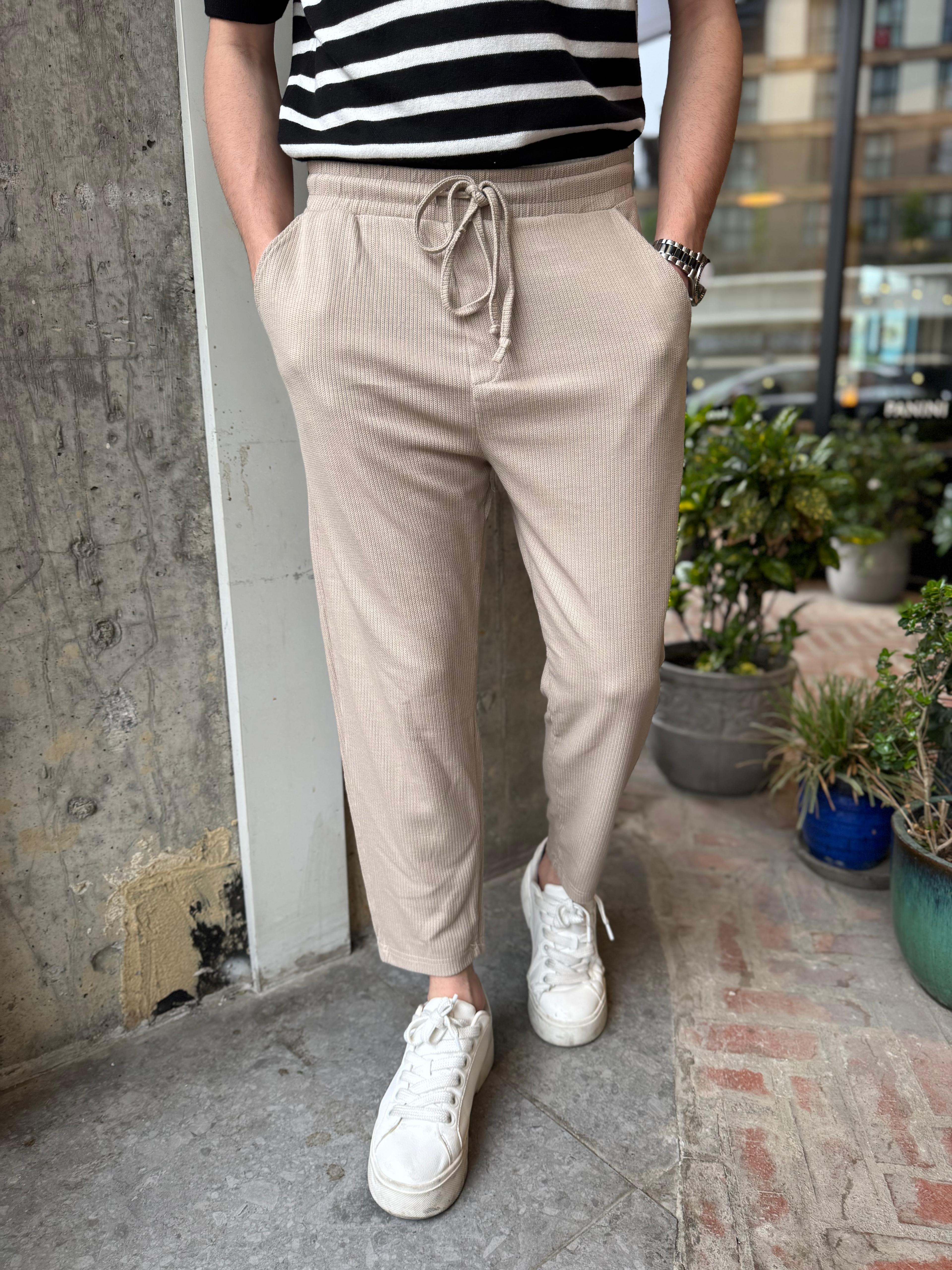 WAFFLE KUMAŞ BOYFRIEND JOGGER - BEJ