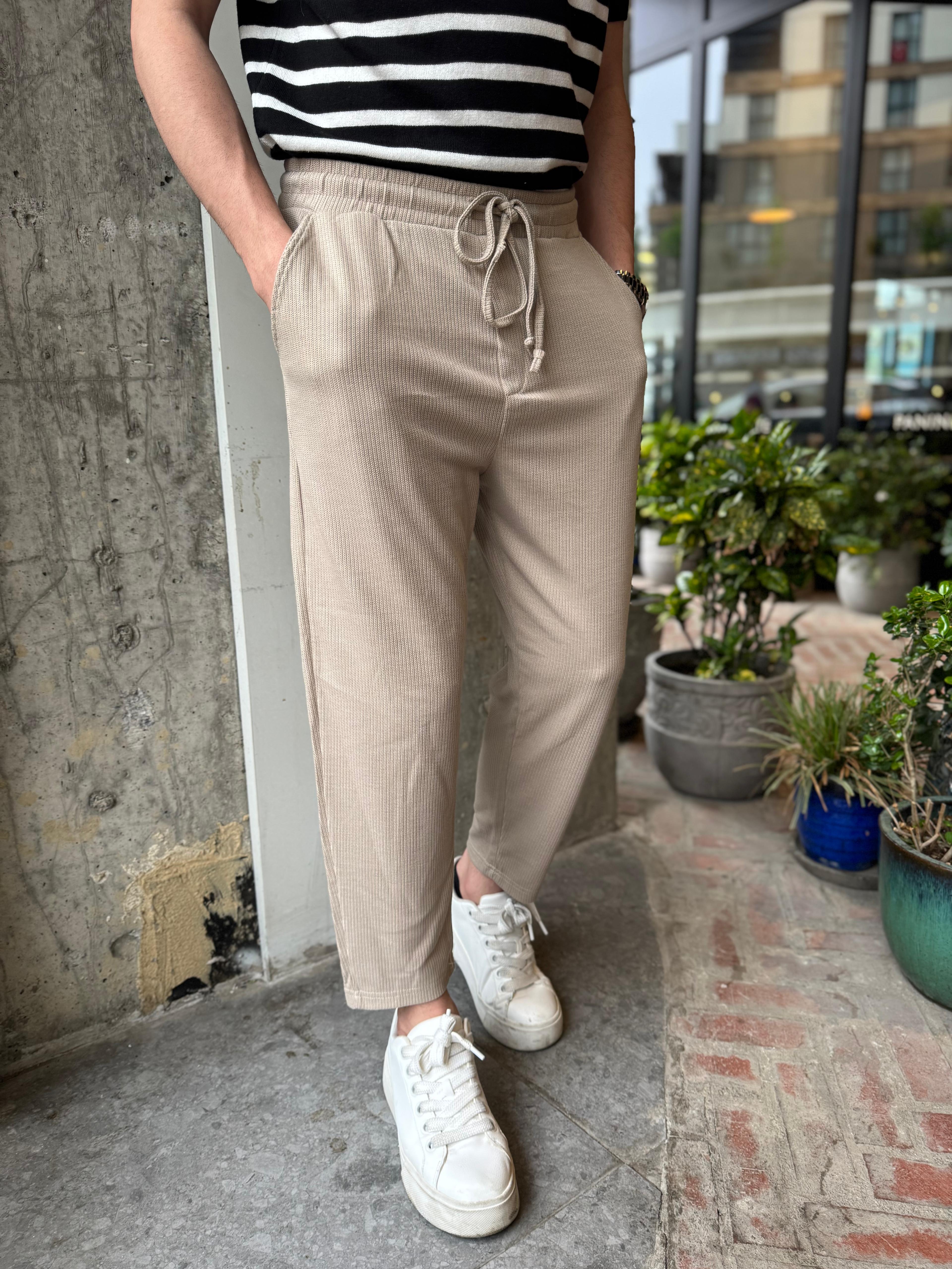 WAFFLE KUMAŞ BOYFRIEND JOGGER - BEJ