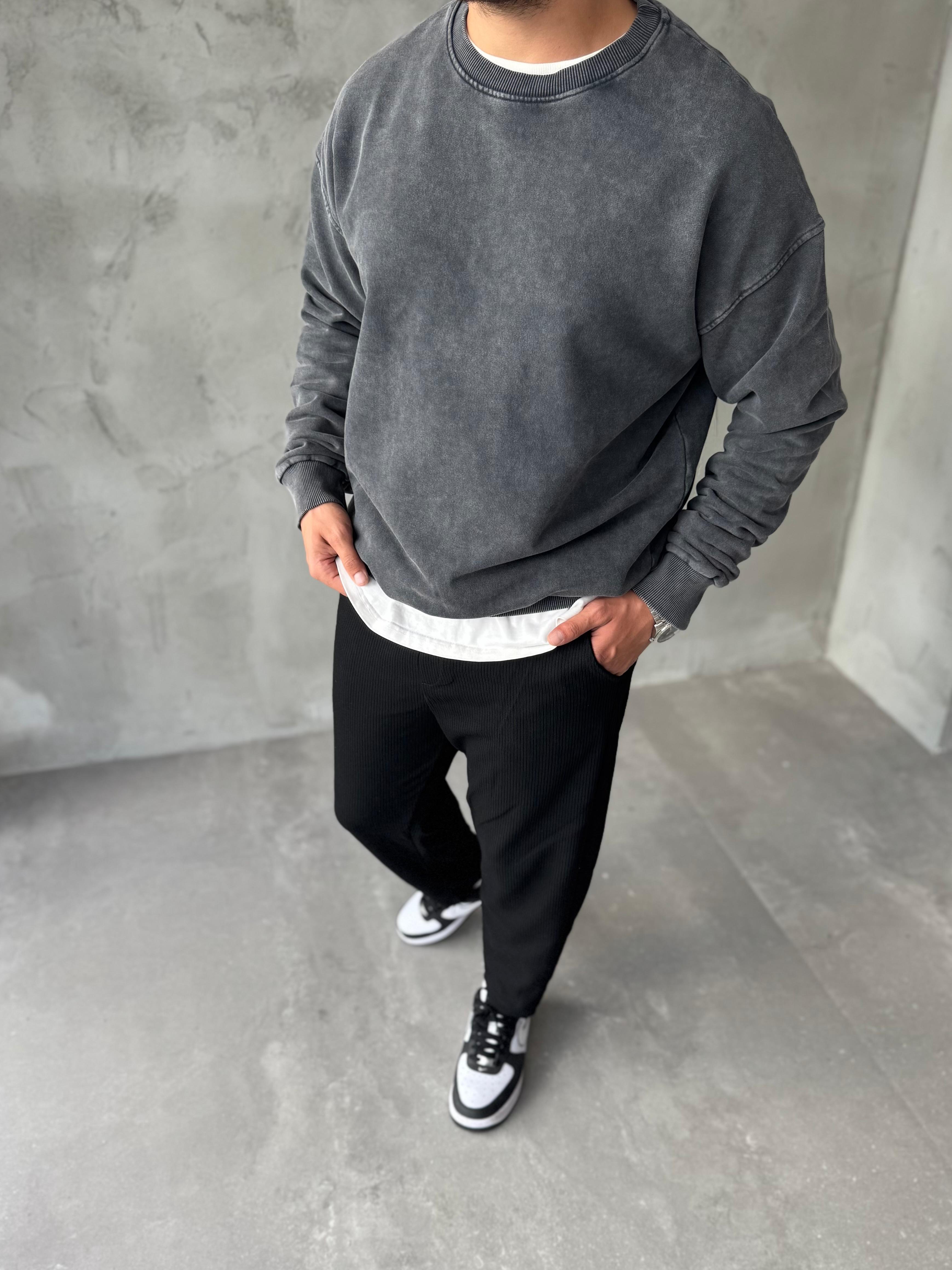 Antrasit Yıkamalı Basıc Oversize Sweatshirt