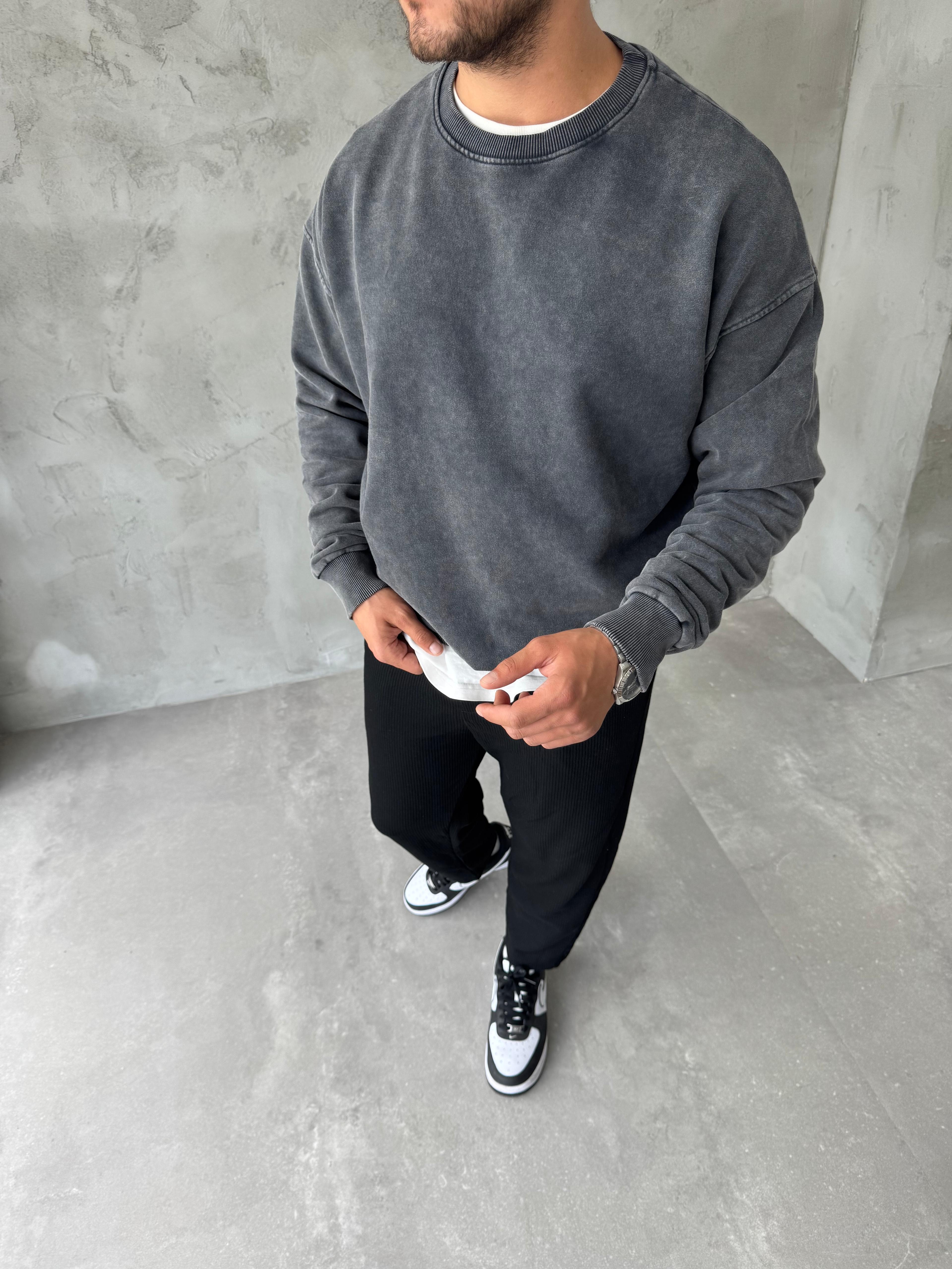 Antrasit Yıkamalı Basıc Oversize Sweatshirt