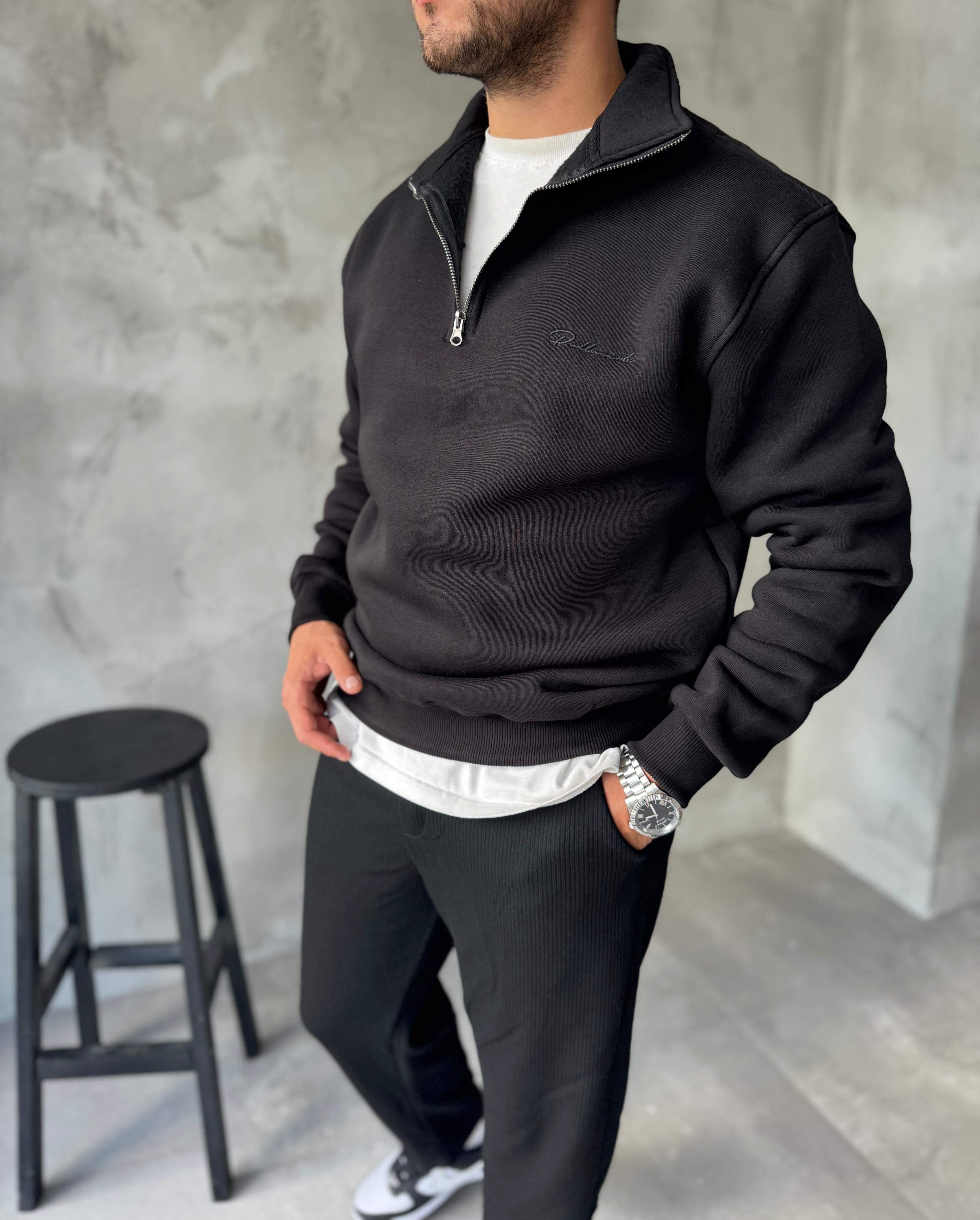 Siyah Yarım Fermuarlı Nakışlı Sweatshirt