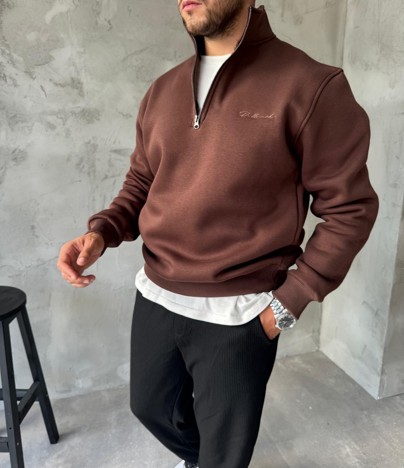 Kahve Yarım Fermuarlı Nakışlı Sweatshirt