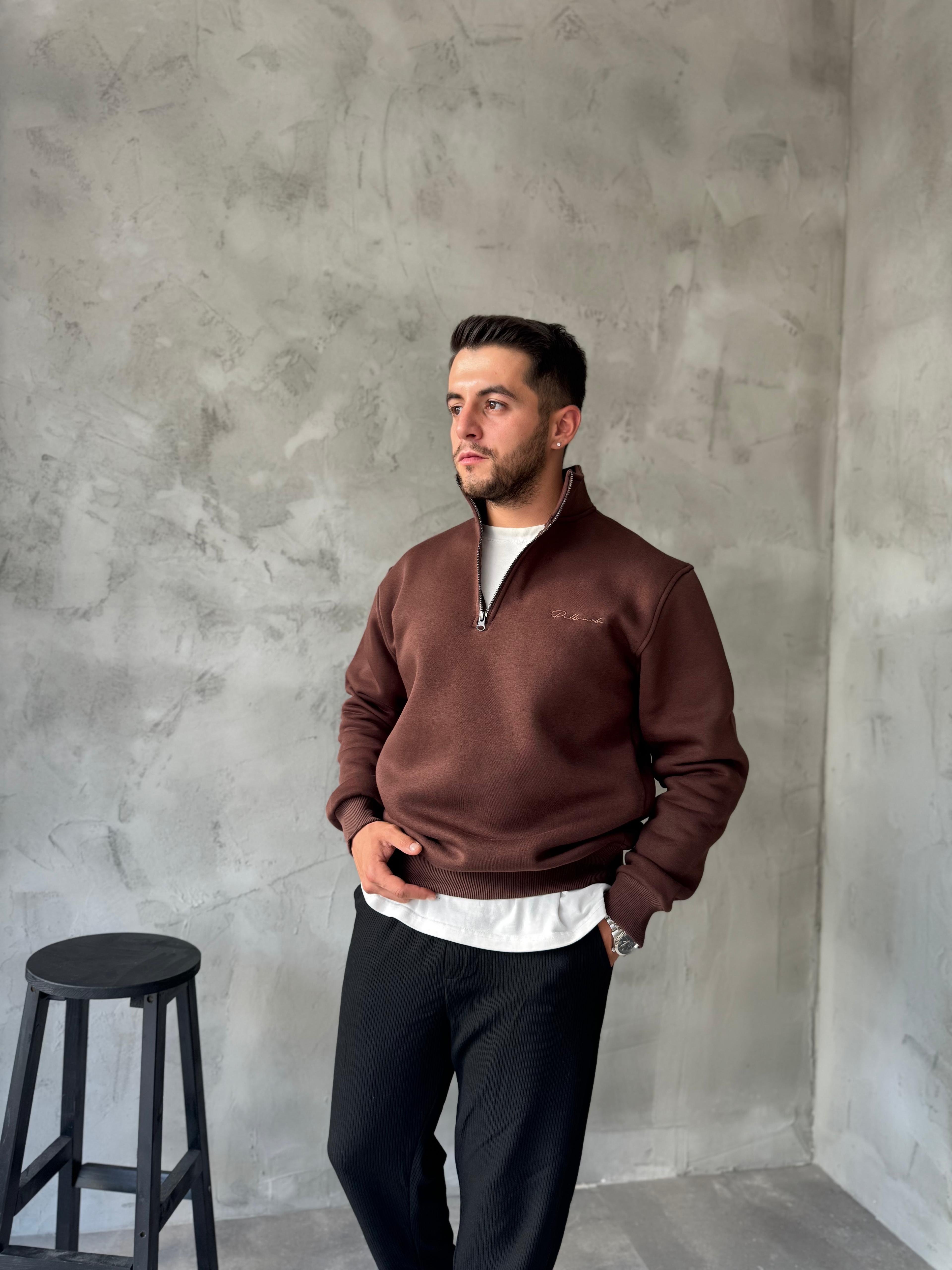 Kahve Yarım Fermuarlı Nakışlı Sweatshirt