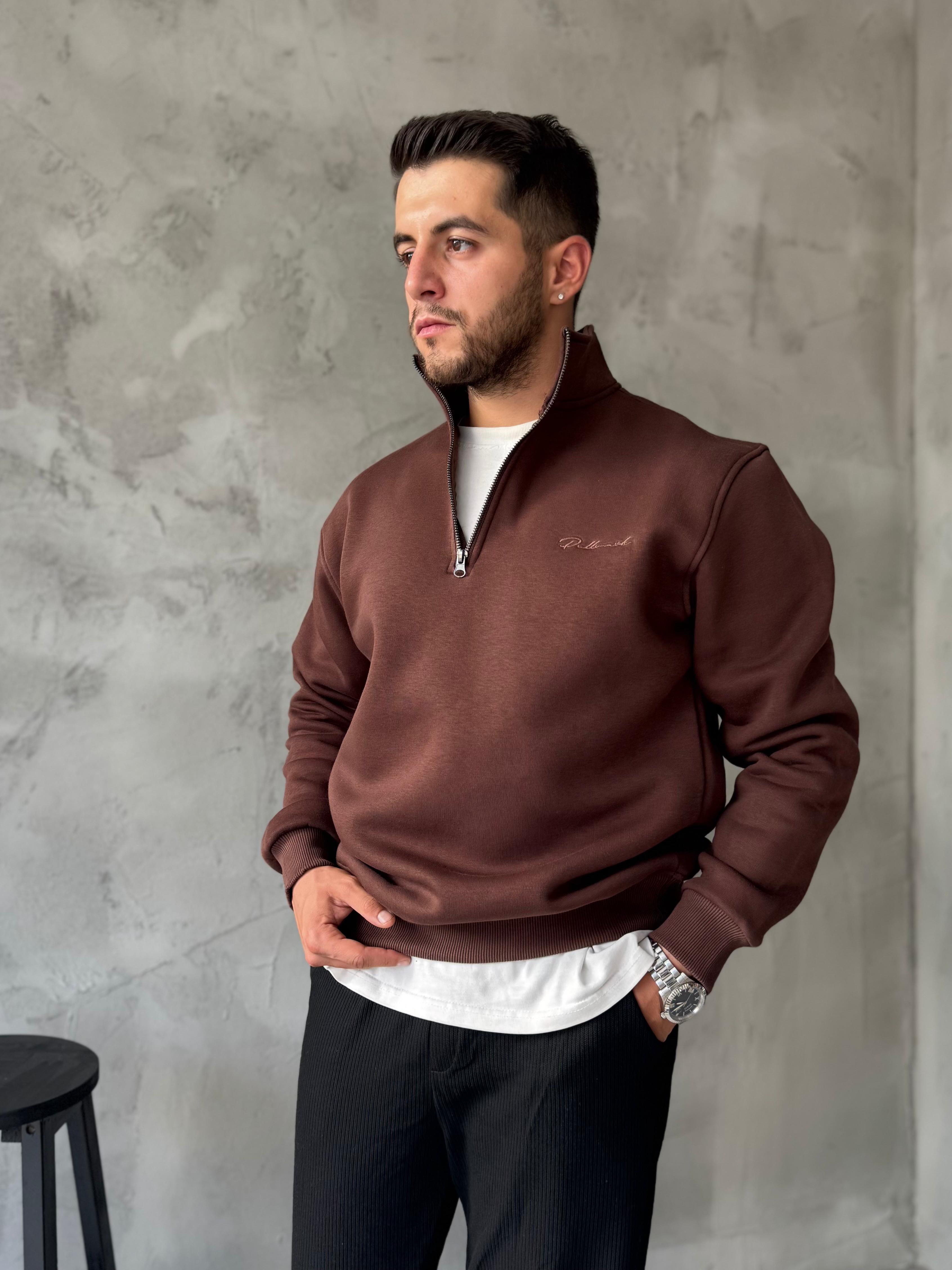 Kahve Yarım Fermuarlı Nakışlı Sweatshirt