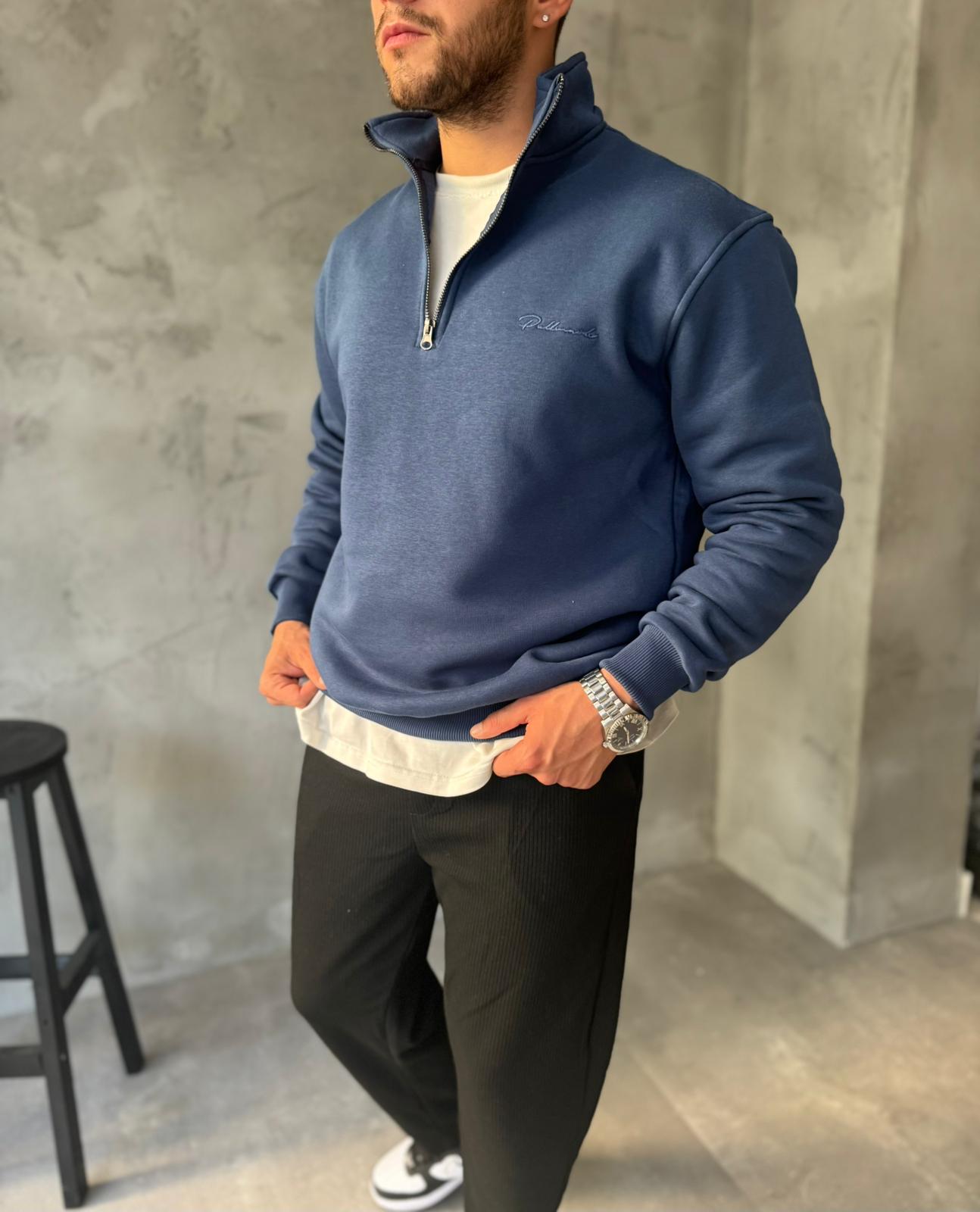 Lacivert Yarım Fermuarlı Nakışlı Sweatshirt