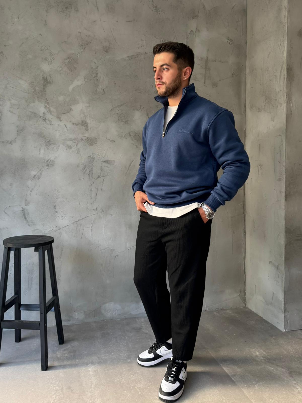 Lacivert Yarım Fermuarlı Nakışlı Sweatshirt