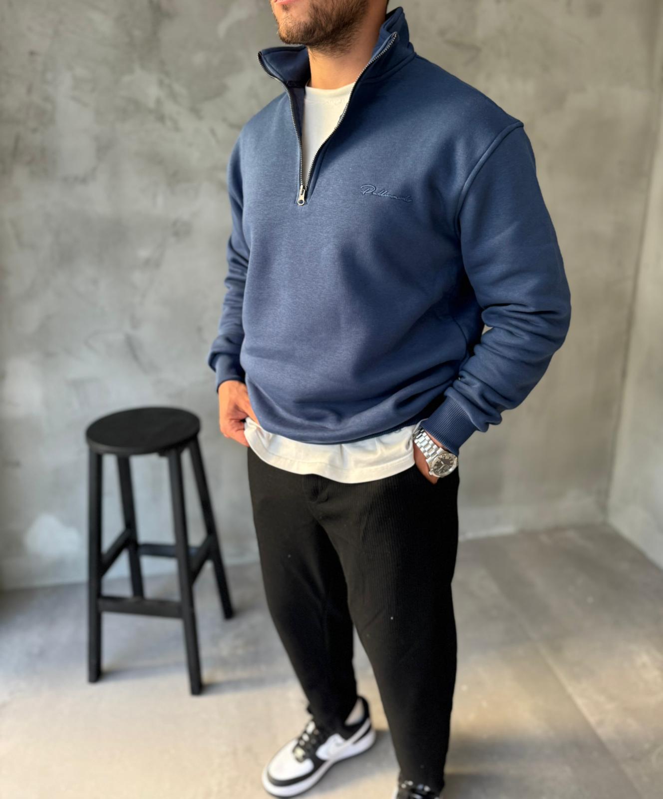 Lacivert Yarım Fermuarlı Nakışlı Sweatshirt