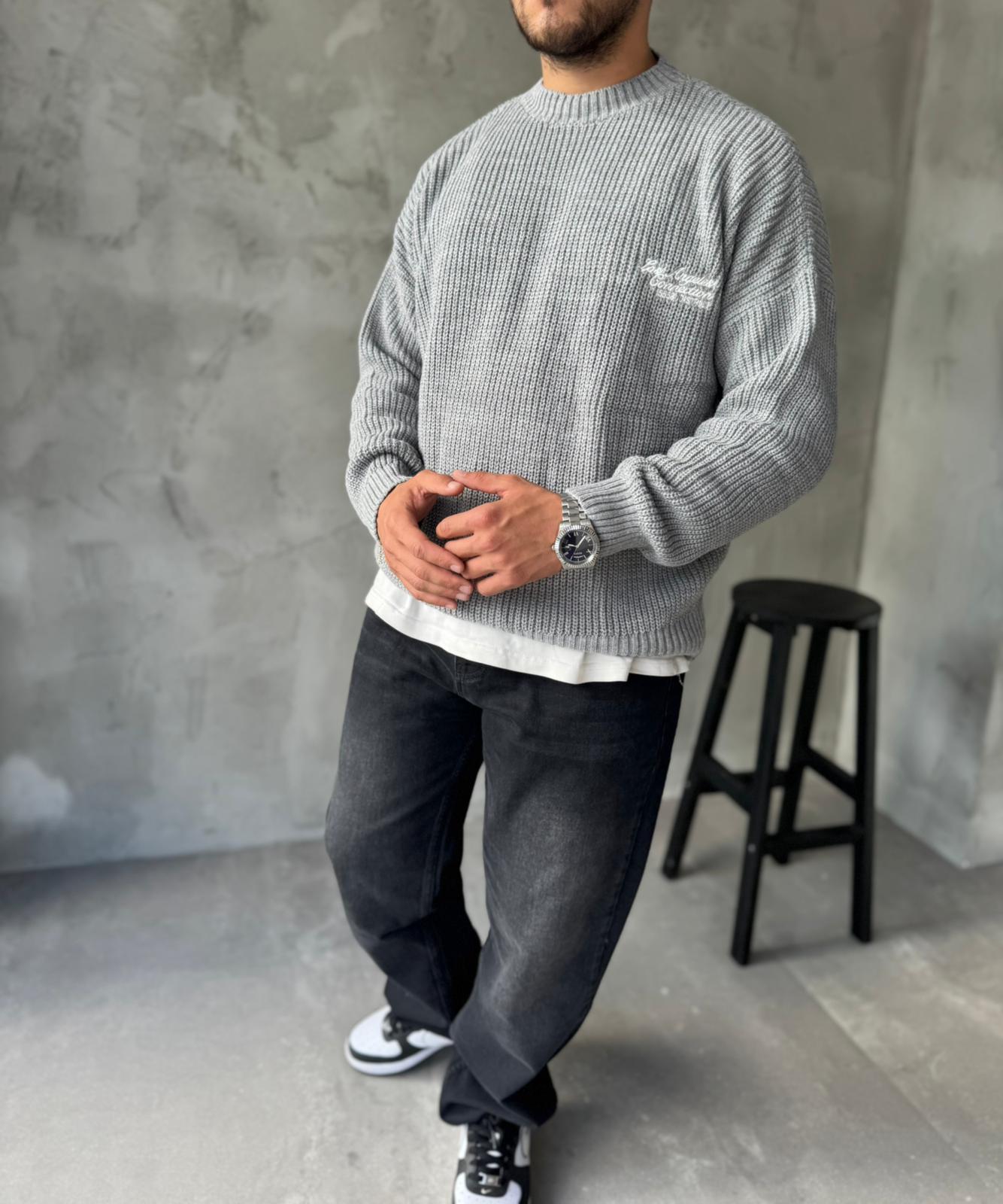 Gri Los Angeles Nakışlı Oversize Örme Kazak