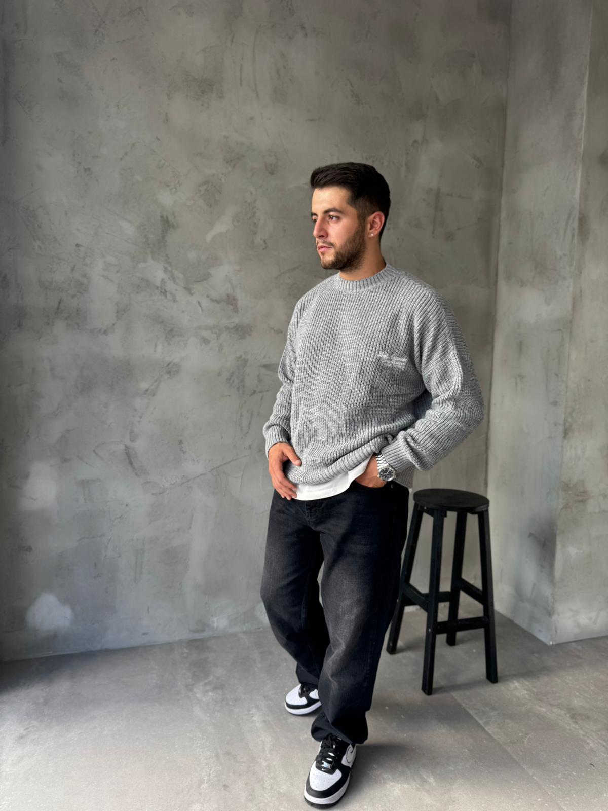 Gri Los Angeles Nakışlı Oversize Örme Kazak