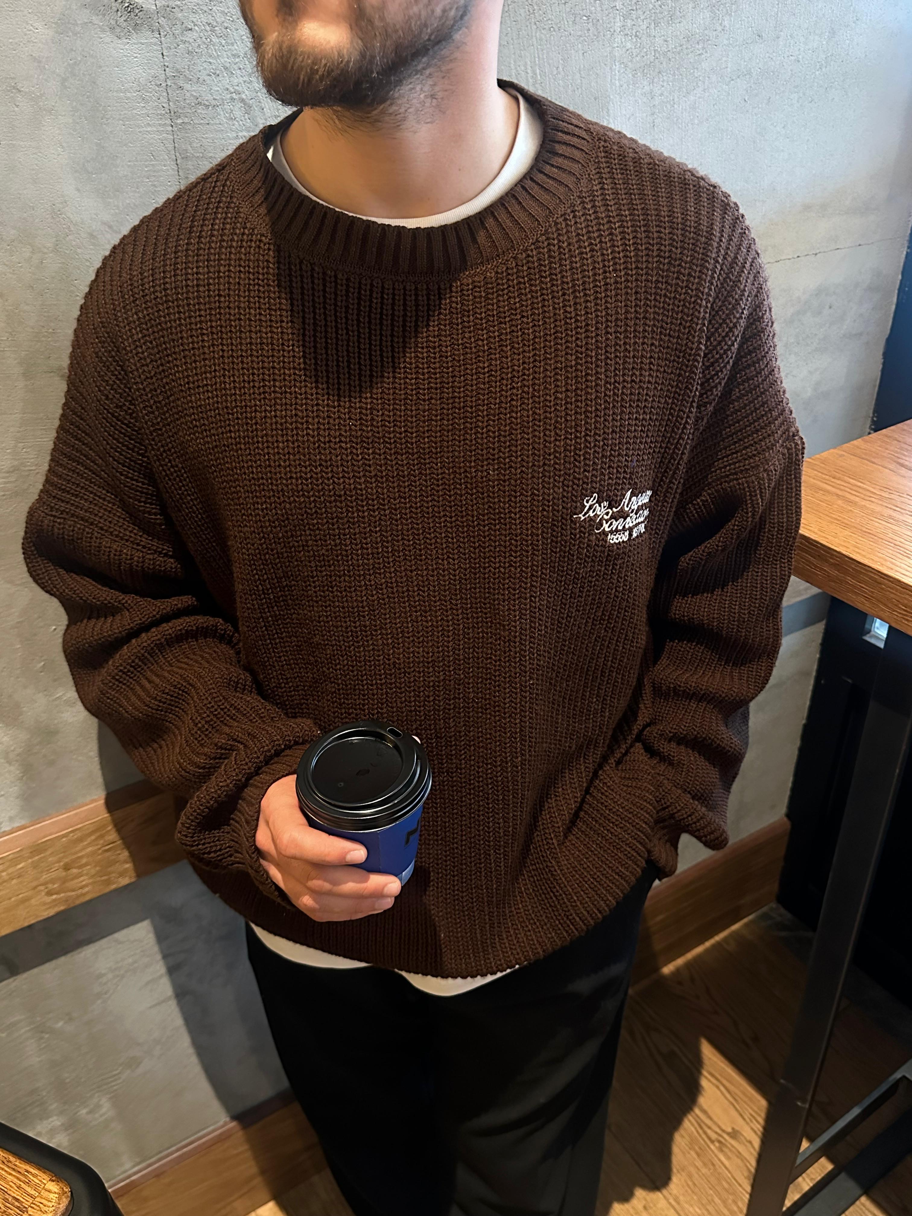 Kahve Los Angeles Nakışlı Oversize Örme Kazak